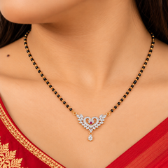 Heart & Wing Motif CZ Studded Hanging Teardrop Mangalsutra Pendant Chain for Women