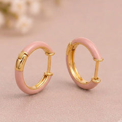 Pink Enamel Circle Huggie Earrings