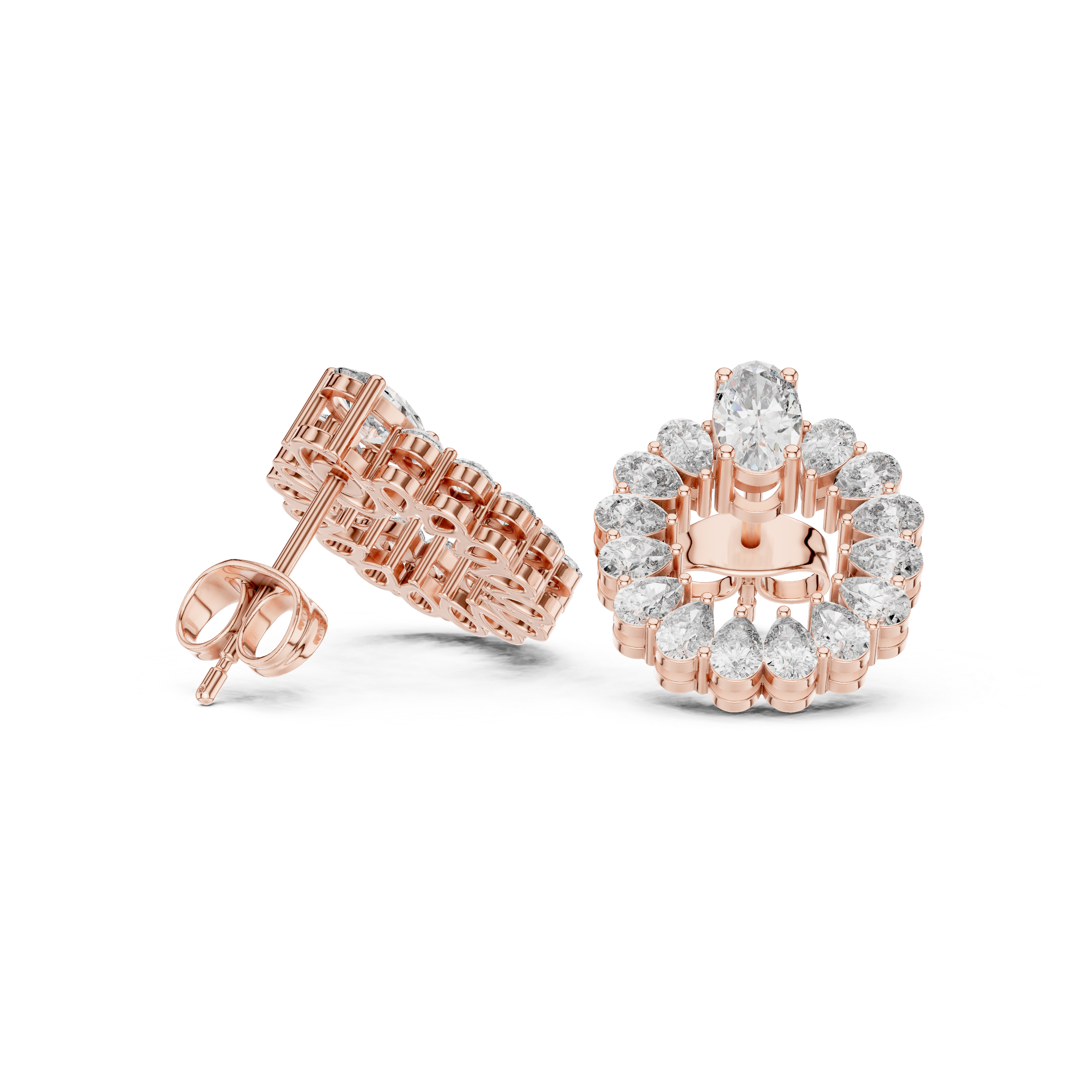 Rose Gold Oval Solitaire Halo Circle Diamond Stud Earrings
