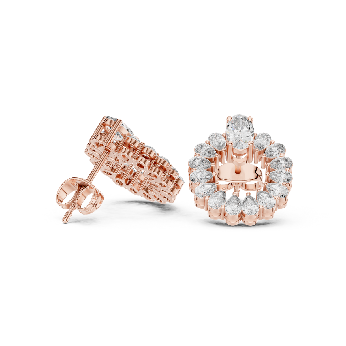 Rose Gold Oval Solitaire Halo Circle Diamond Stud Earrings