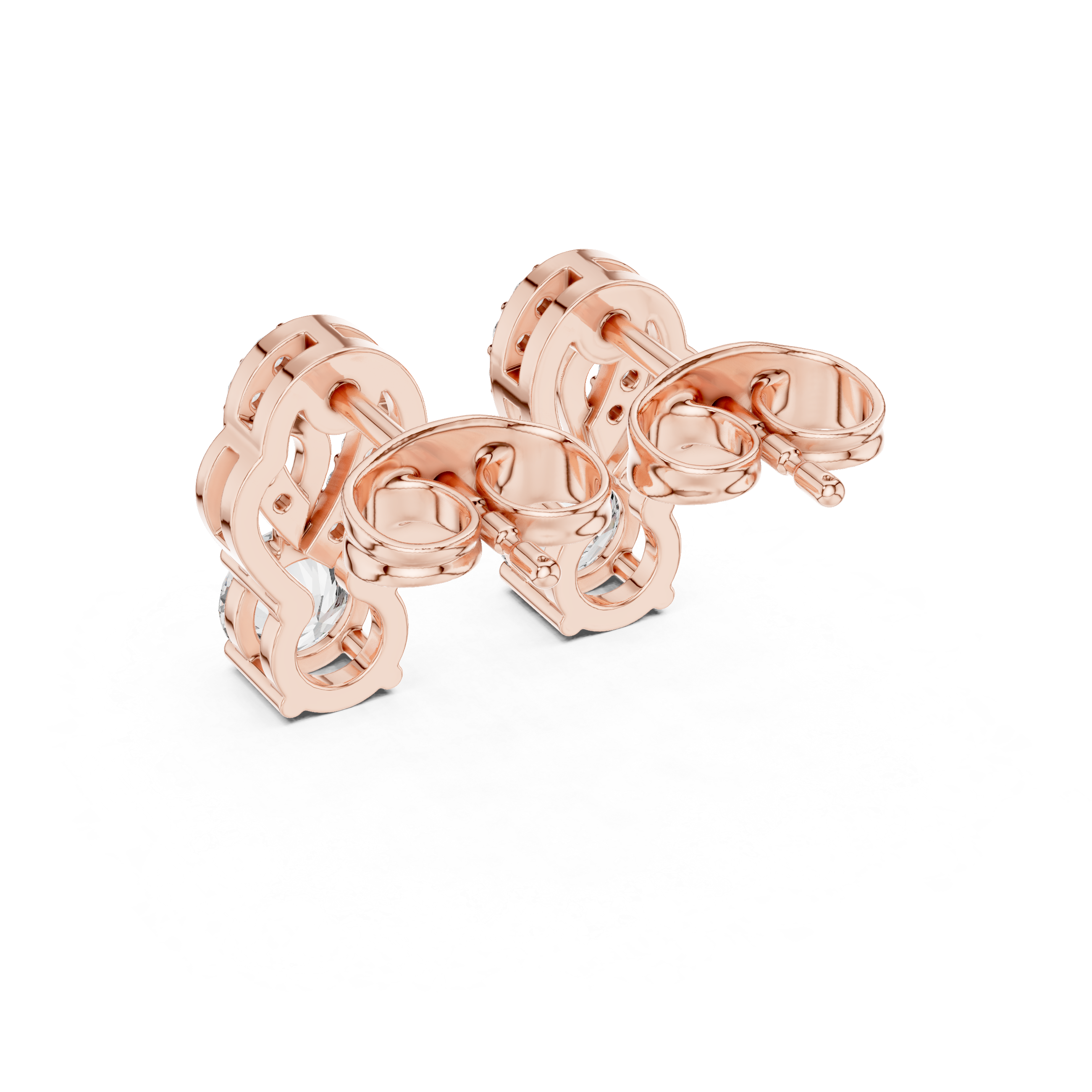 Rose Gold Crown Crest Trio Diamond Stud Earrings