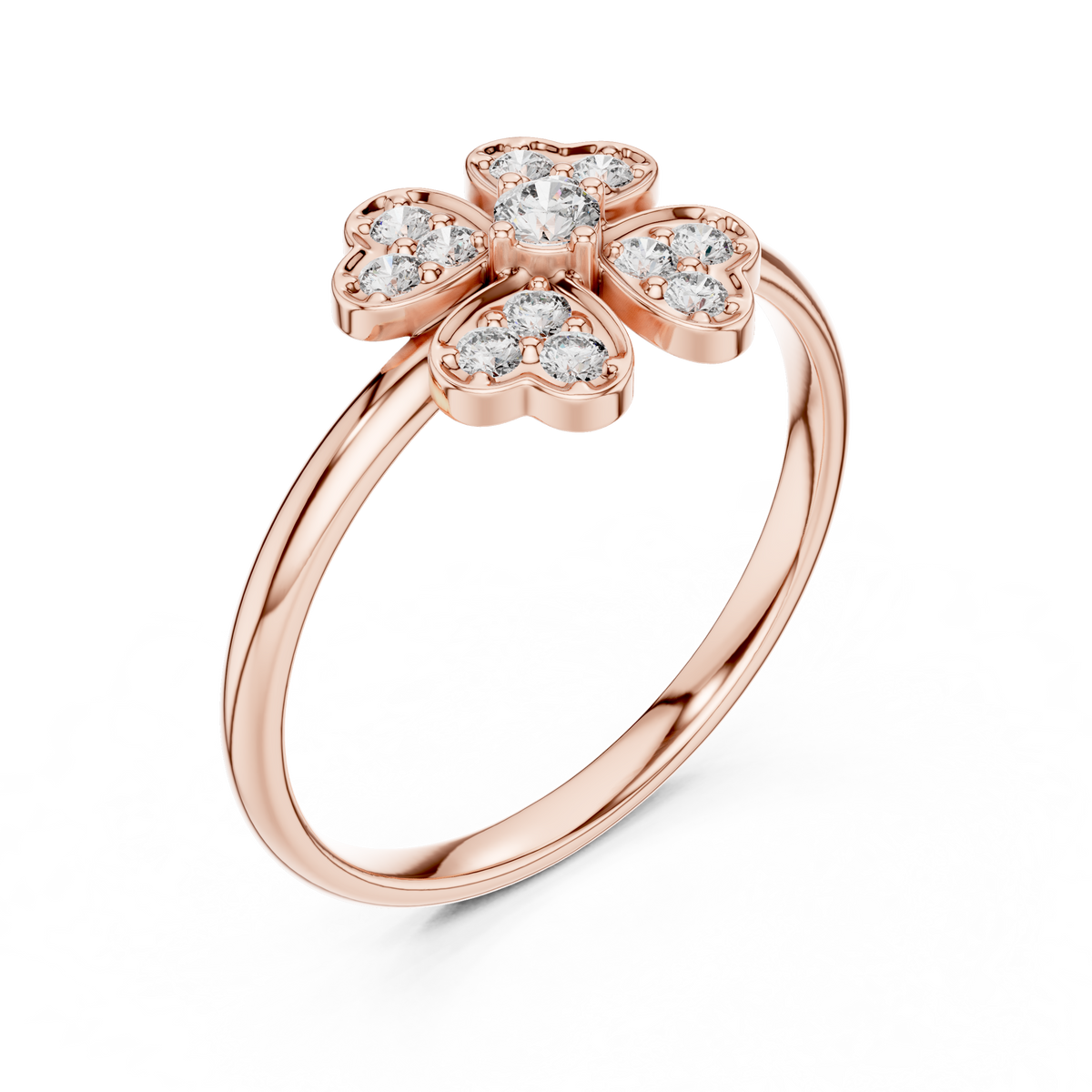 Rose Gold Four-Leaf Clover Floral Diamond Cluster Ring
