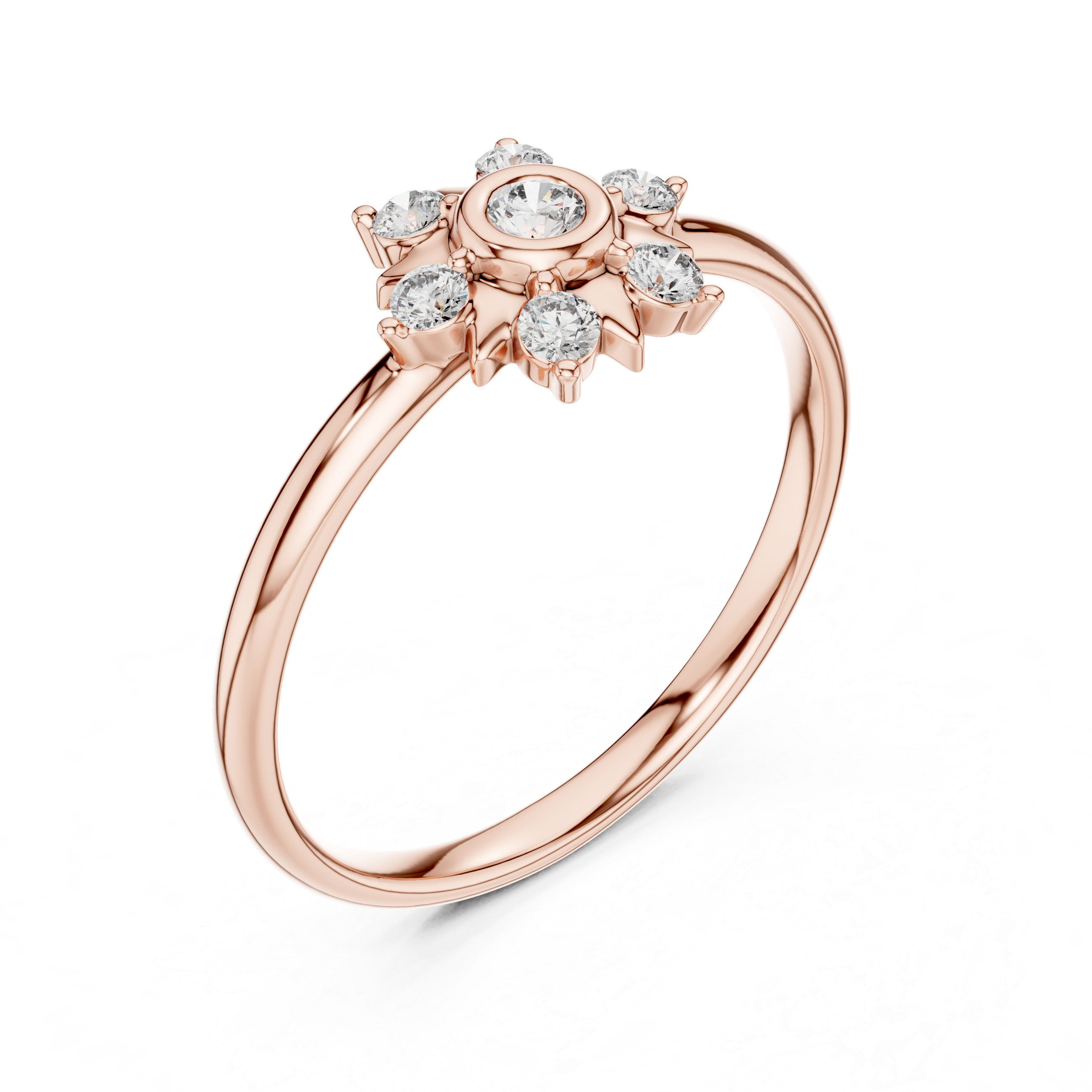 Rose Gold Sunburst Bezel Floral Diamond Cluster Ring