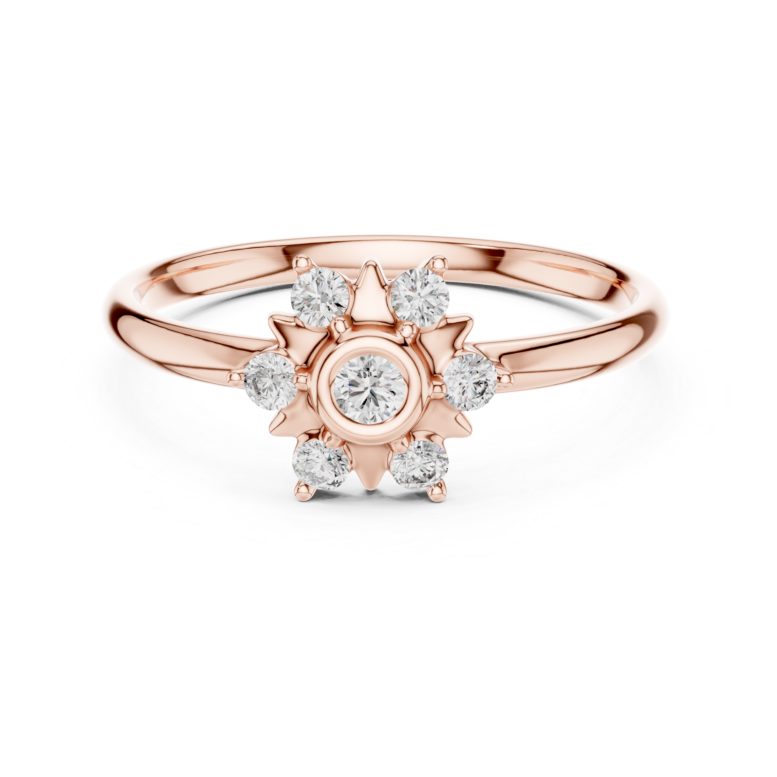 Rose Gold Sunburst Bezel Floral Diamond Cluster Ring
