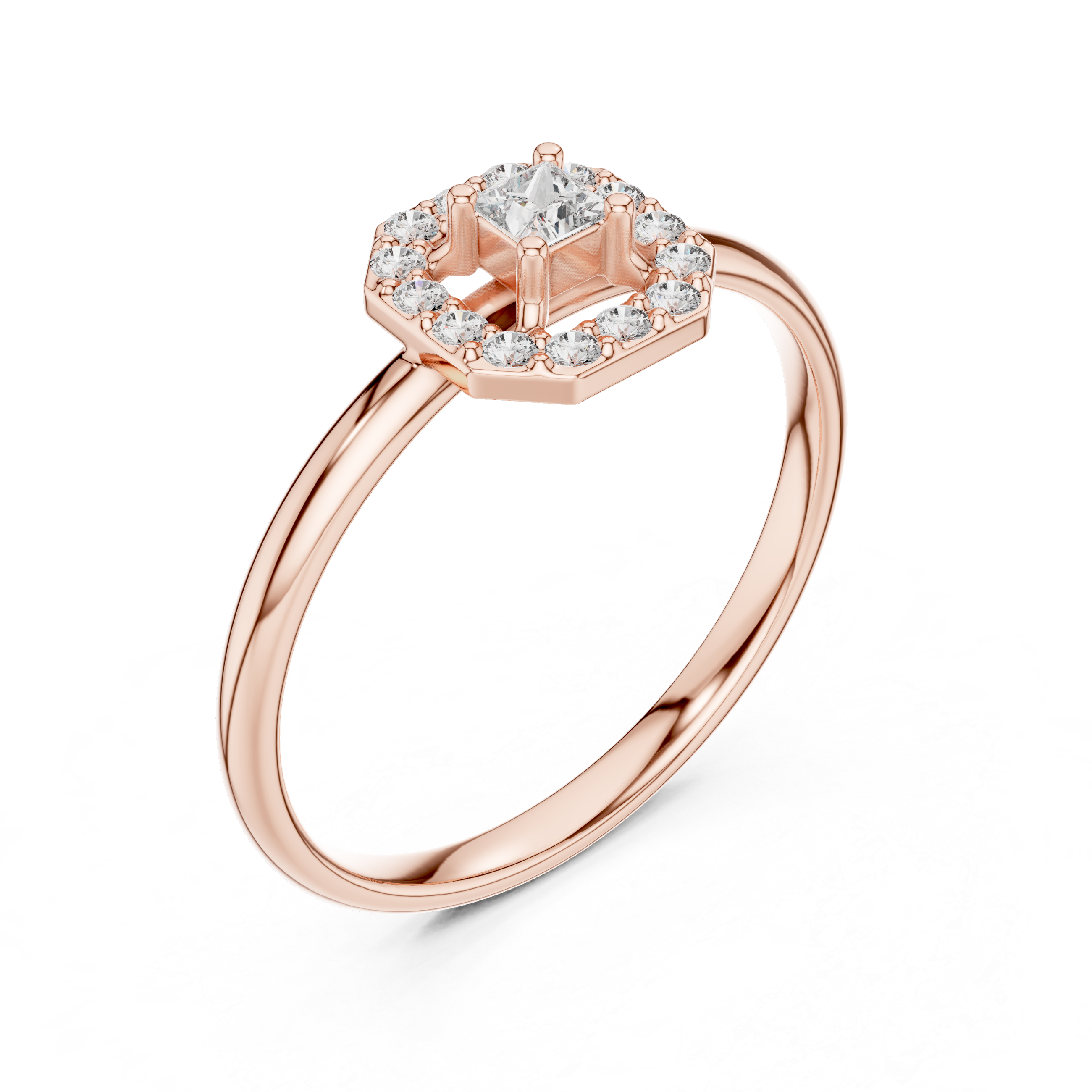 Rose Gold Geometric Hexagon Octagon Halo Princess-Cut Diamond Ring
