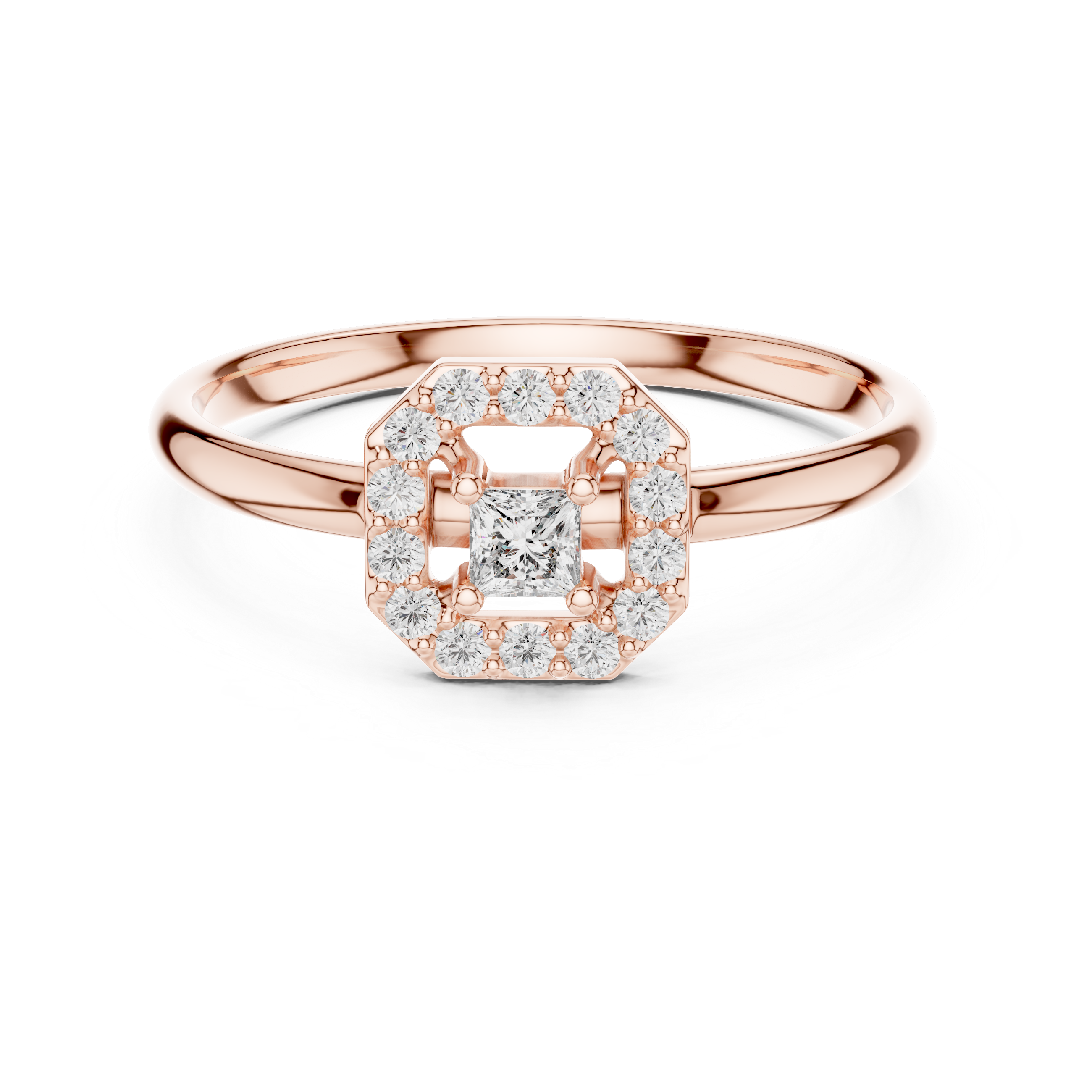 Rose Gold Geometric Hexagon Octagon Halo Princess-Cut Diamond Ring