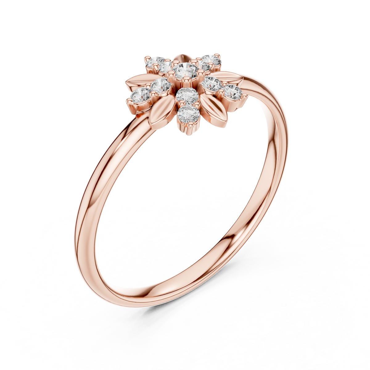 Rose Gold Sunburst Floral Leaf Diamond Cluster Ring