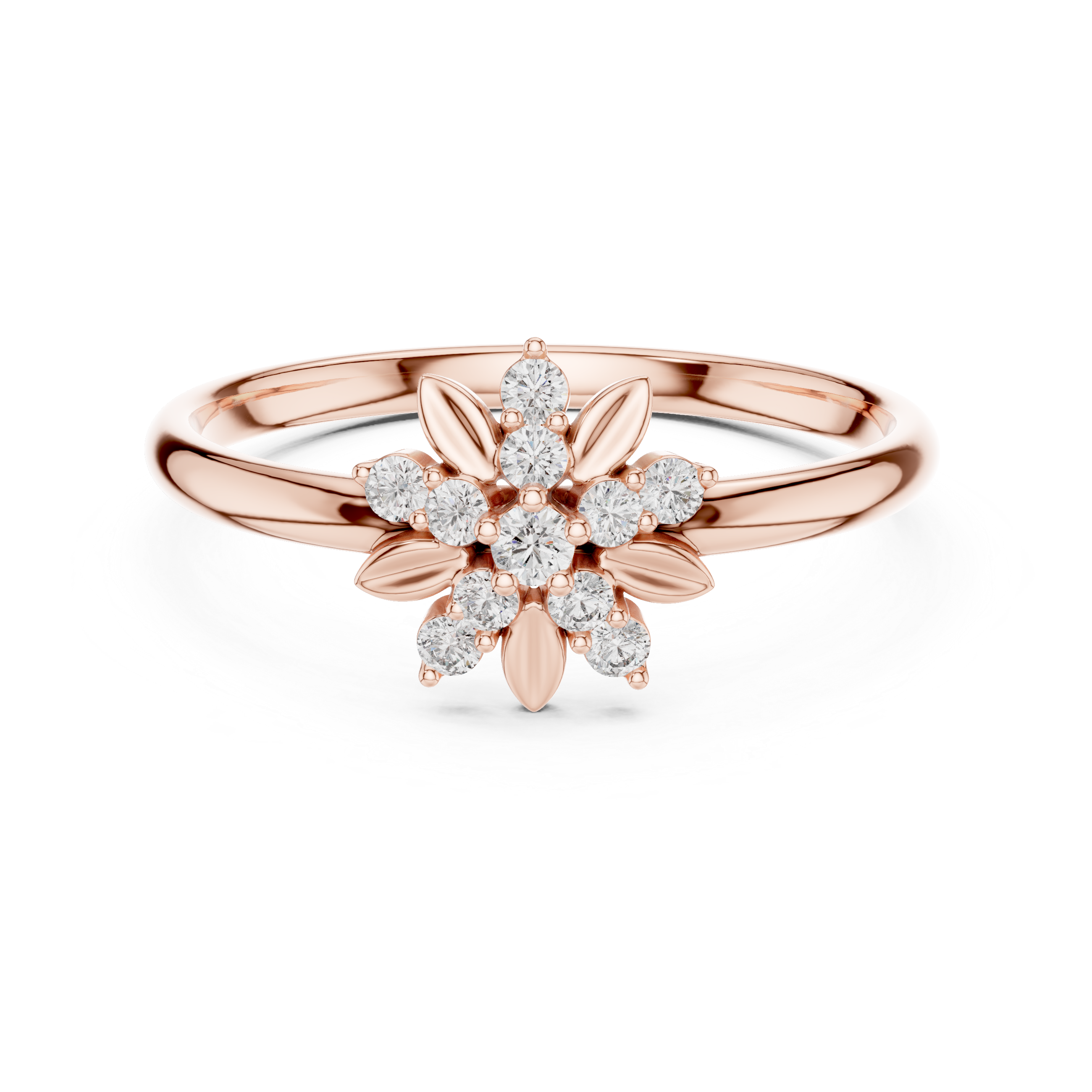 Rose Gold Sunburst Floral Leaf Diamond Cluster Ring