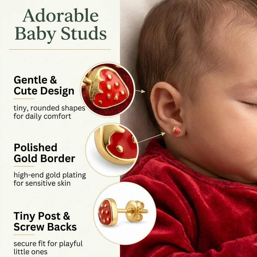 Golden Cute Strawberry 925 Sterling Silver Kids Earrings