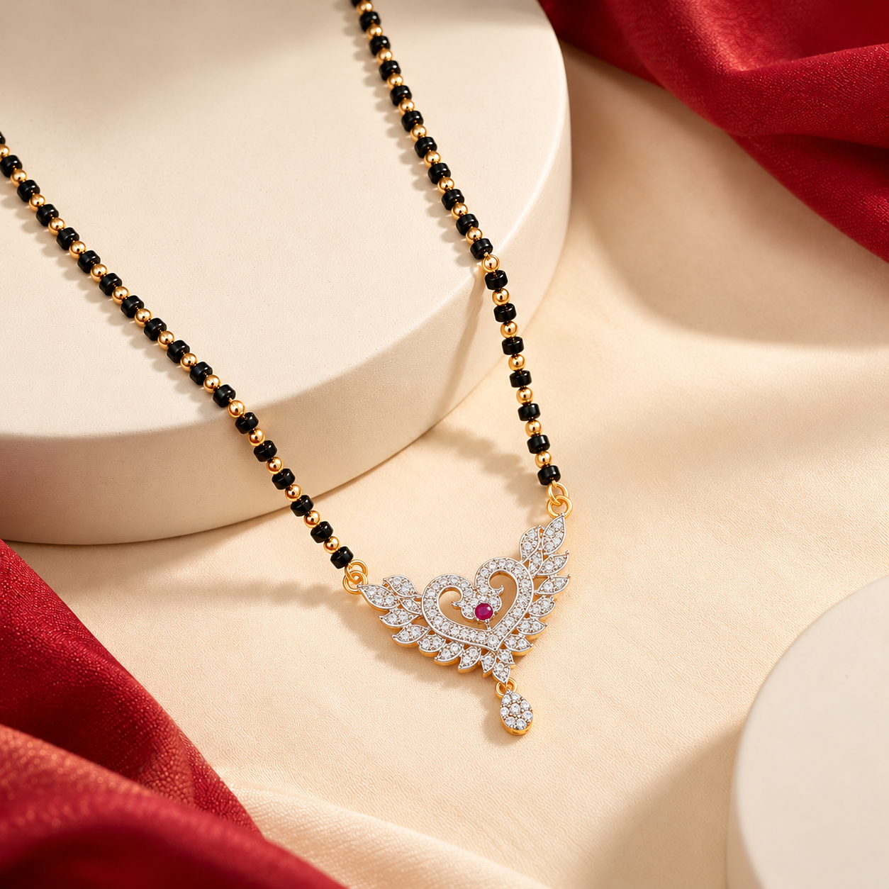 Heart & Wing Motif CZ Studded Hanging Teardrop Mangalsutra Pendant Chain for Women