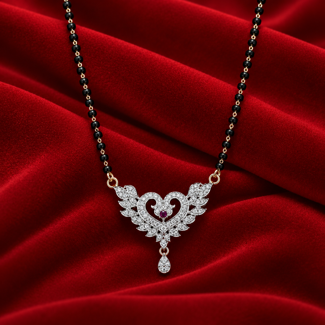 Heart & Wing Motif CZ Studded Hanging Teardrop Mangalsutra Pendant Chain for Women