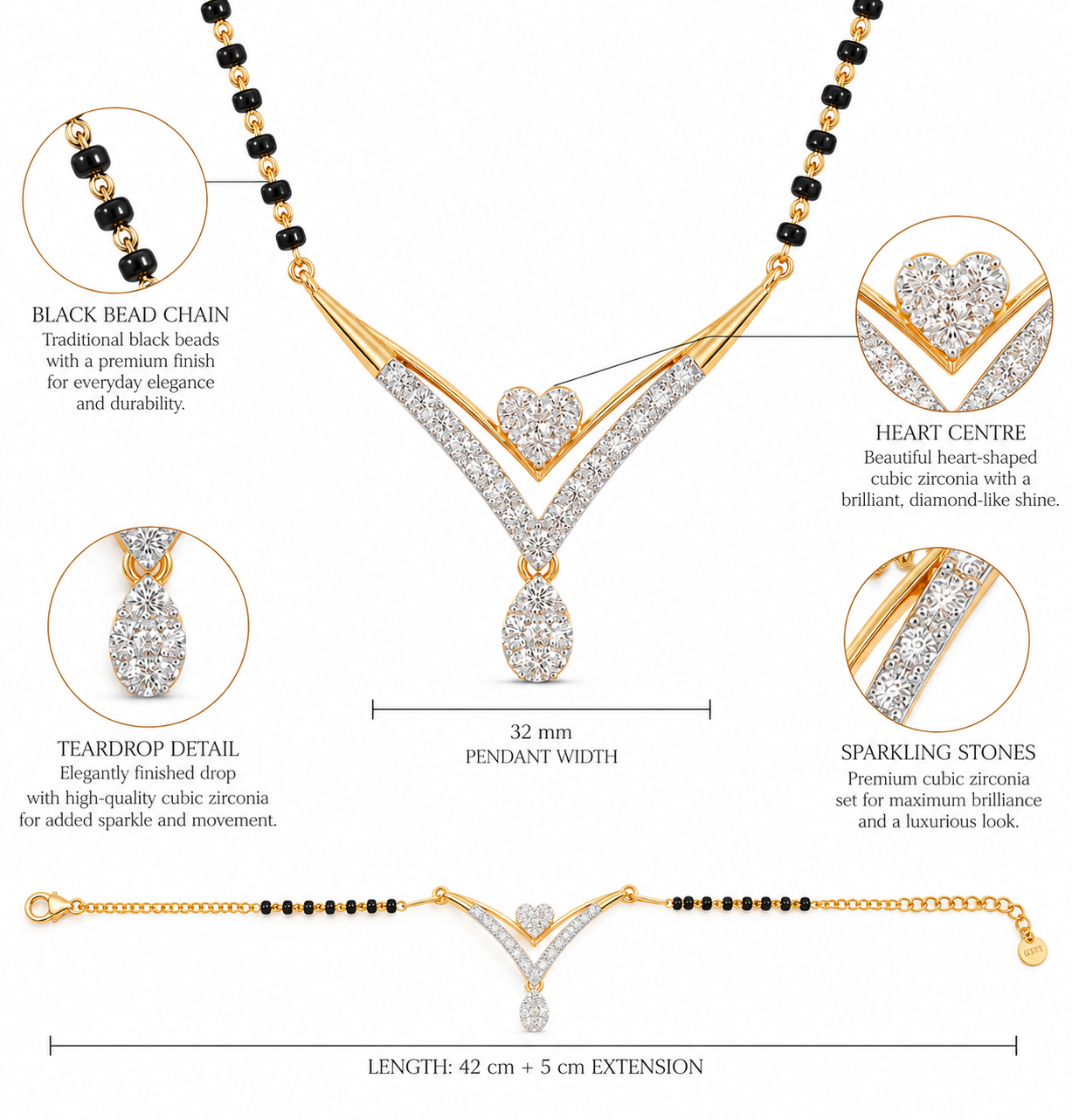 V-Shape Heart & Teardrop Diamond Mangalsutra Pendant
