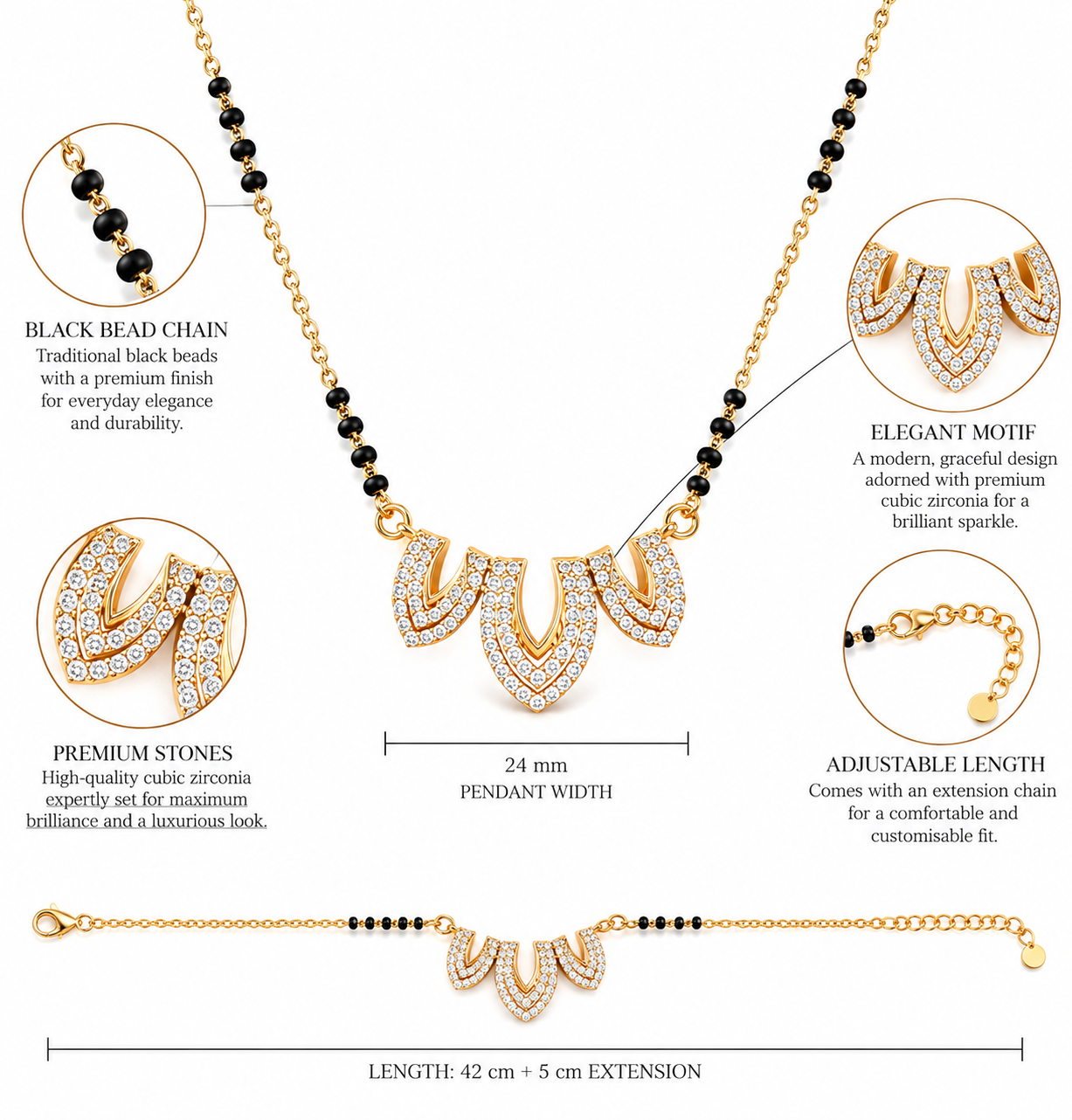 Triple Leaf Petal Diamond Mangalsutra Pendant