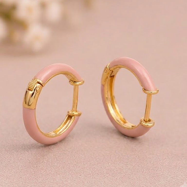 Pink Enamel Circle Huggie Earrings
