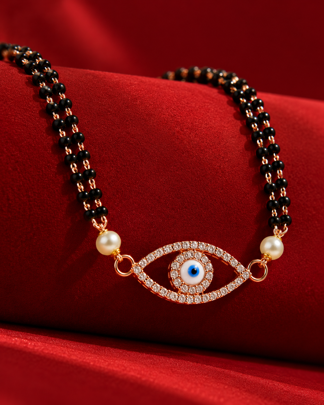 Evil Eye Diamond Mangalsutra Pendant with Black Beads & Pearl Accents