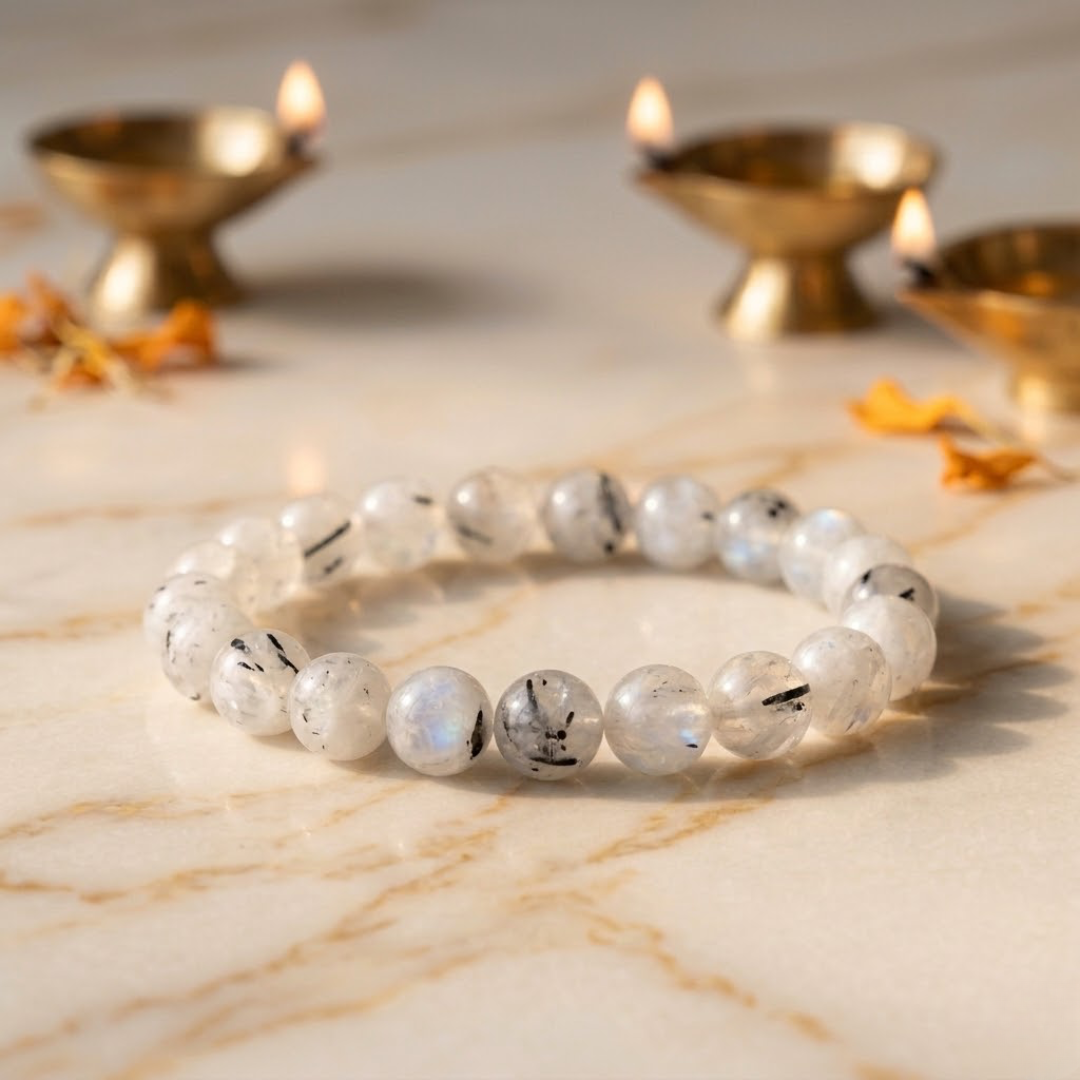 Karka (Cancer) Rashi Bracelet - White Rainbow Moonstone