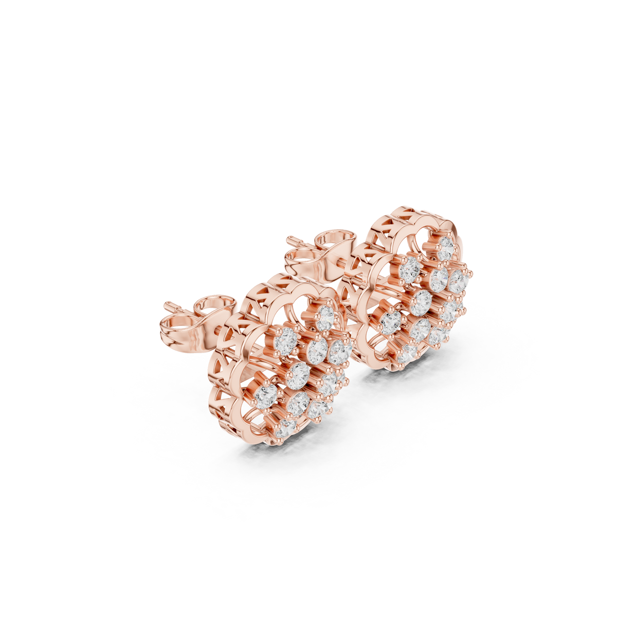 Rose Gold Diamond Floral Stud Earrings | Intricate Lattice Design