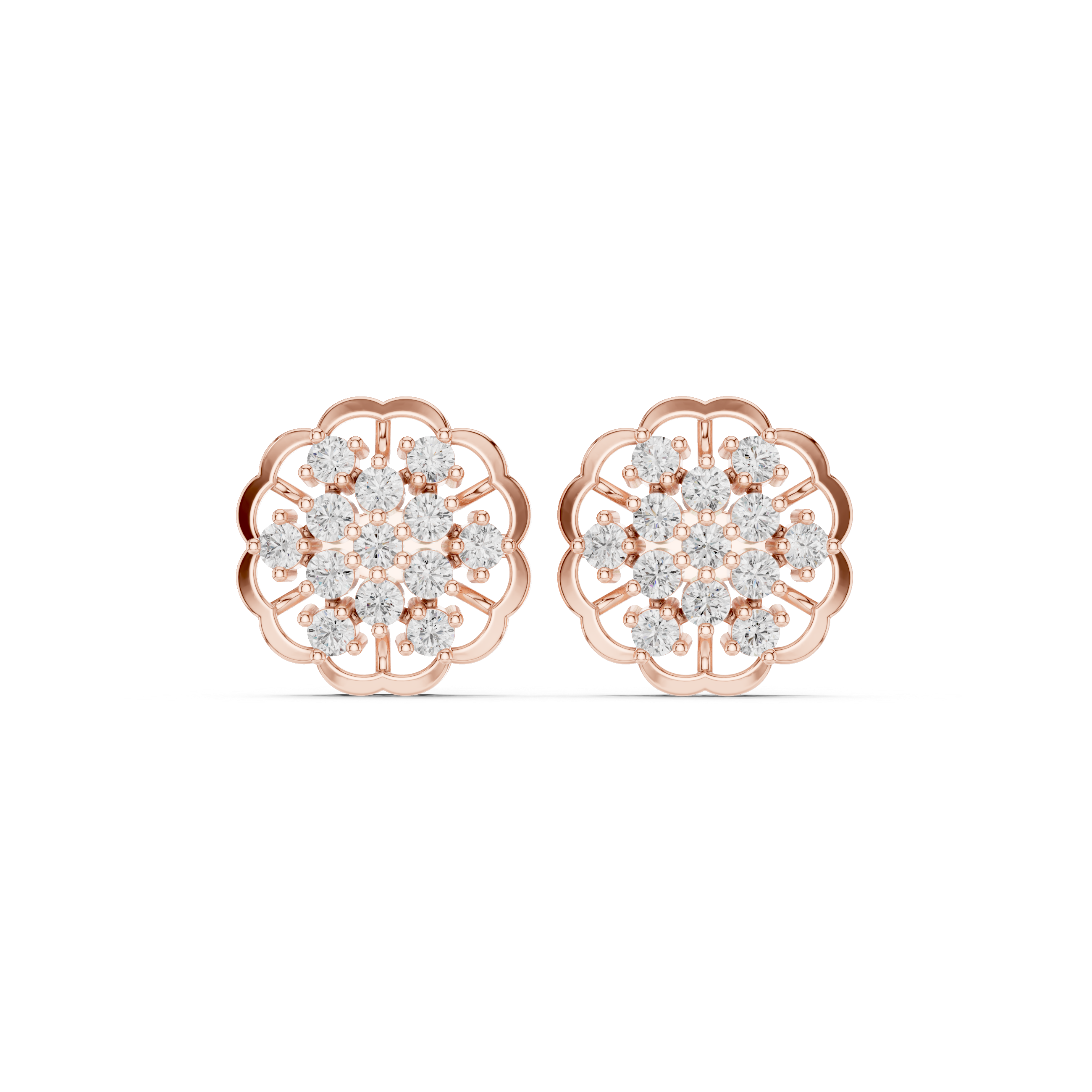 Rose Gold Diamond Floral Stud Earrings | Intricate Lattice Design