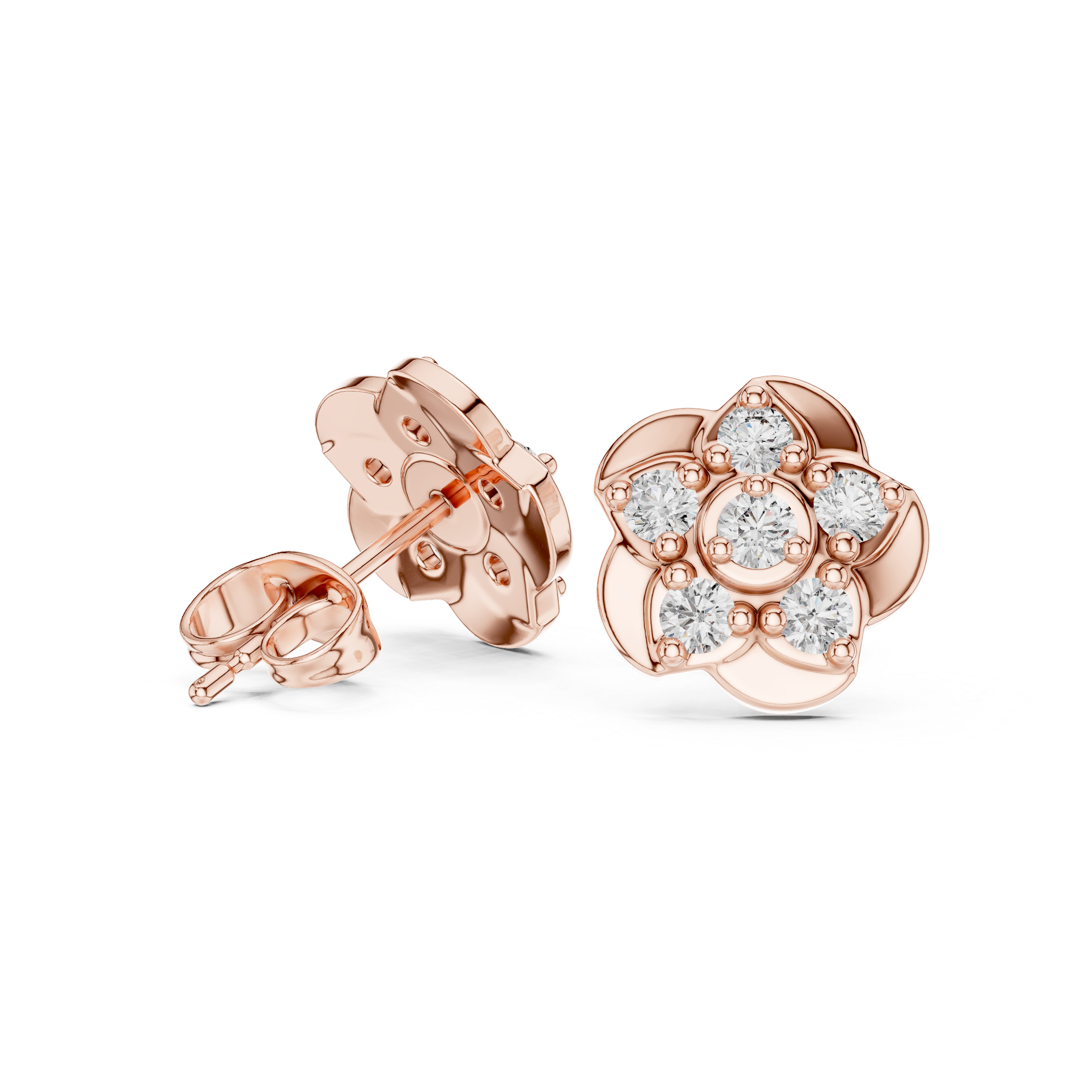 Rose Gold Five-Petal Diamond Flower Stud Earrings