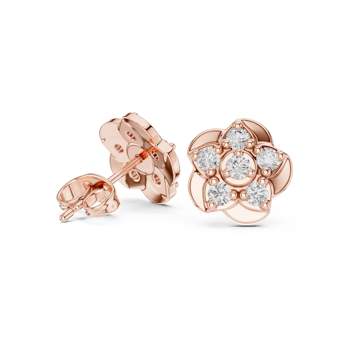Rose Gold Five-Petal Diamond Flower Stud Earrings