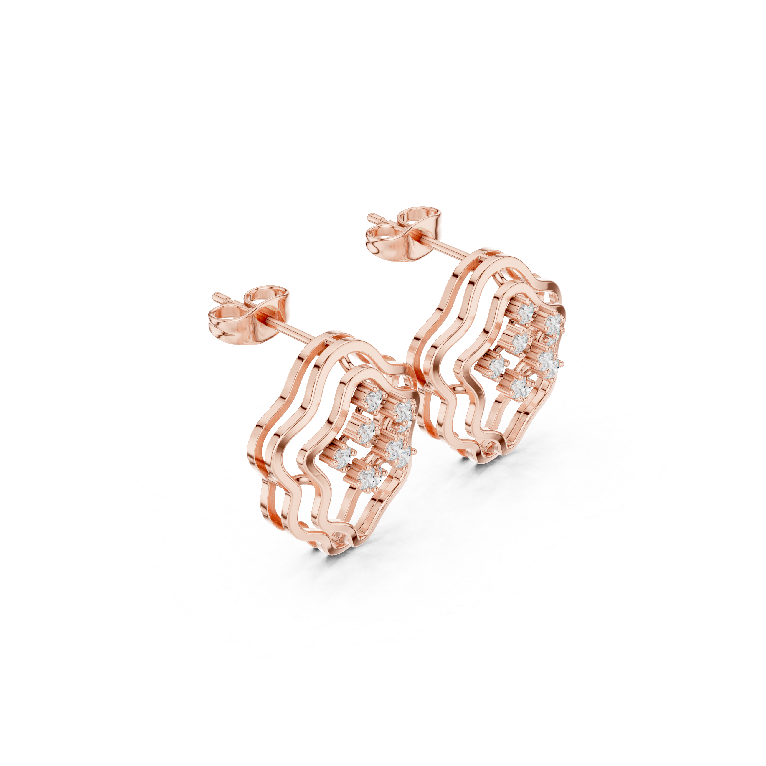 Rose Gold Wave Lattice Diamond Stud Earrings