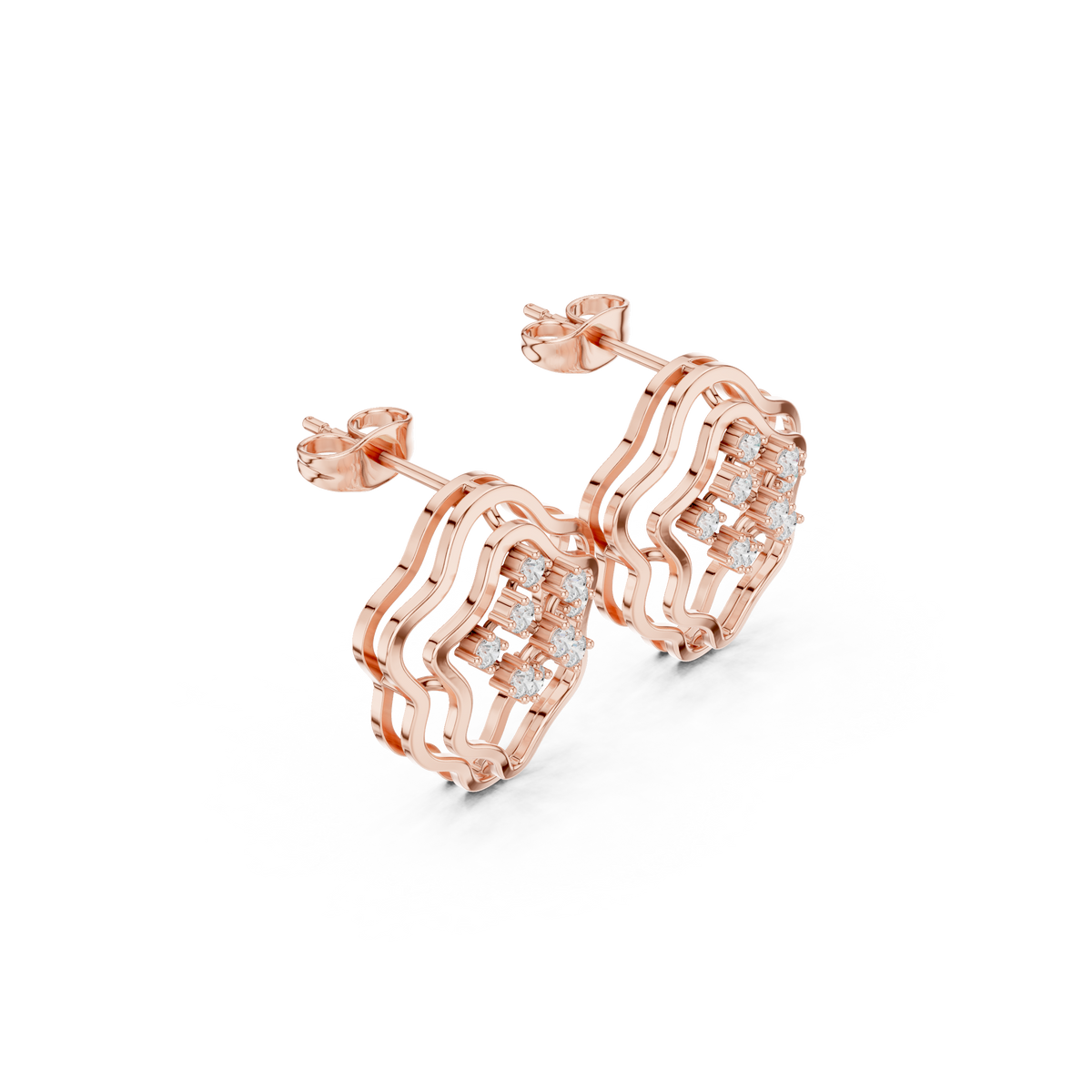 Rose Gold Wave Lattice Diamond Stud Earrings