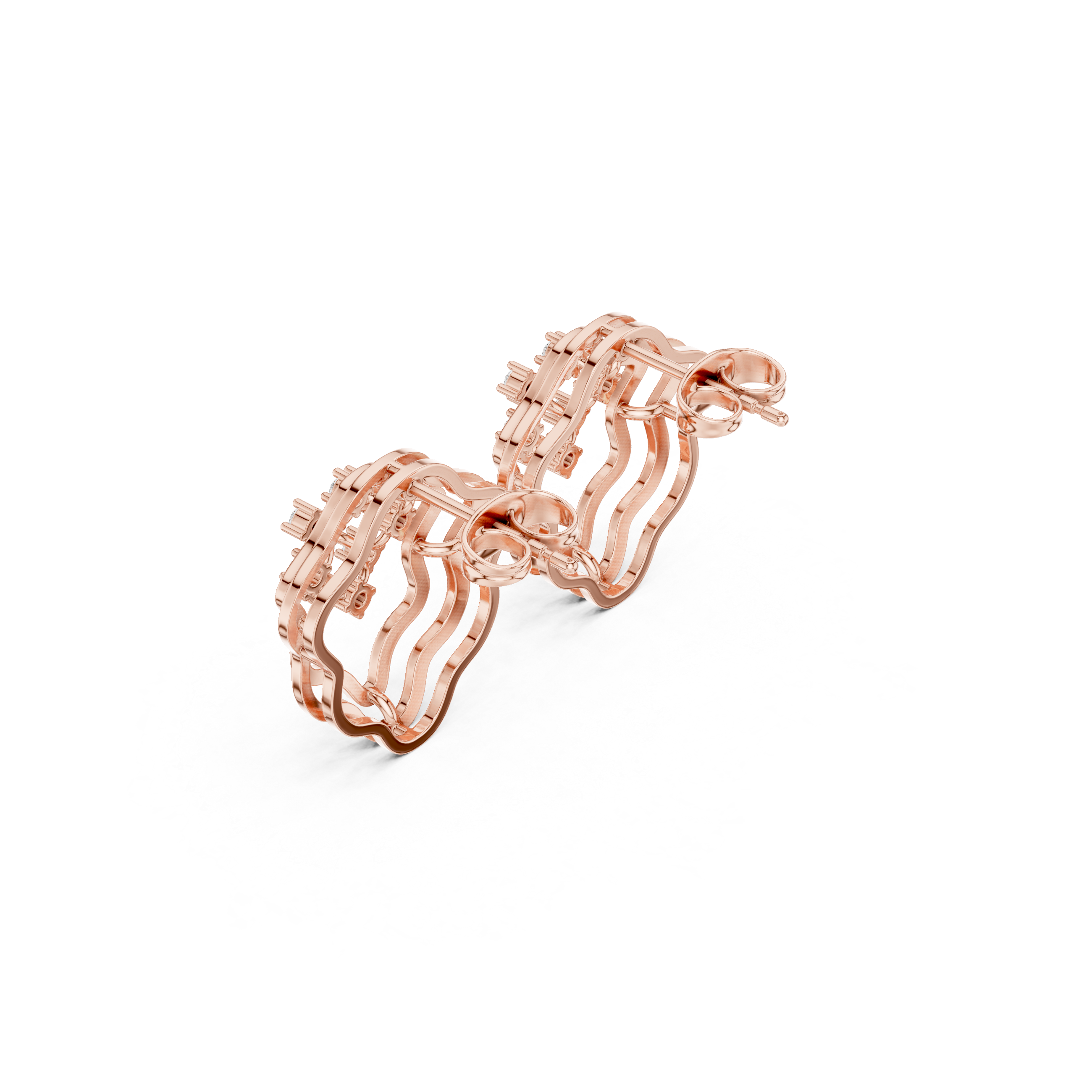 Rose Gold Wave Lattice Diamond Stud Earrings