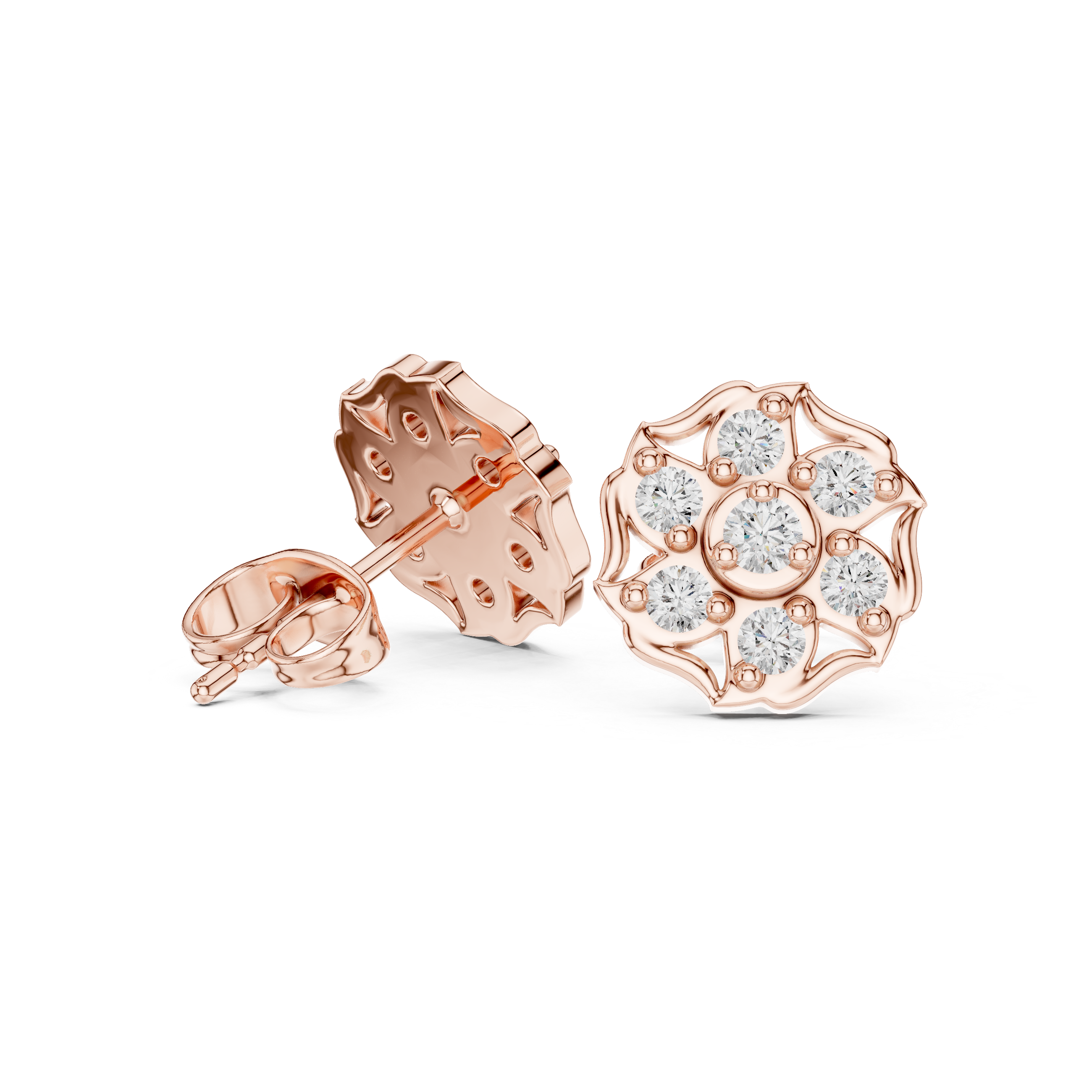 Rose Gold Floral Starburst Diamond Cluster Stud Earrings