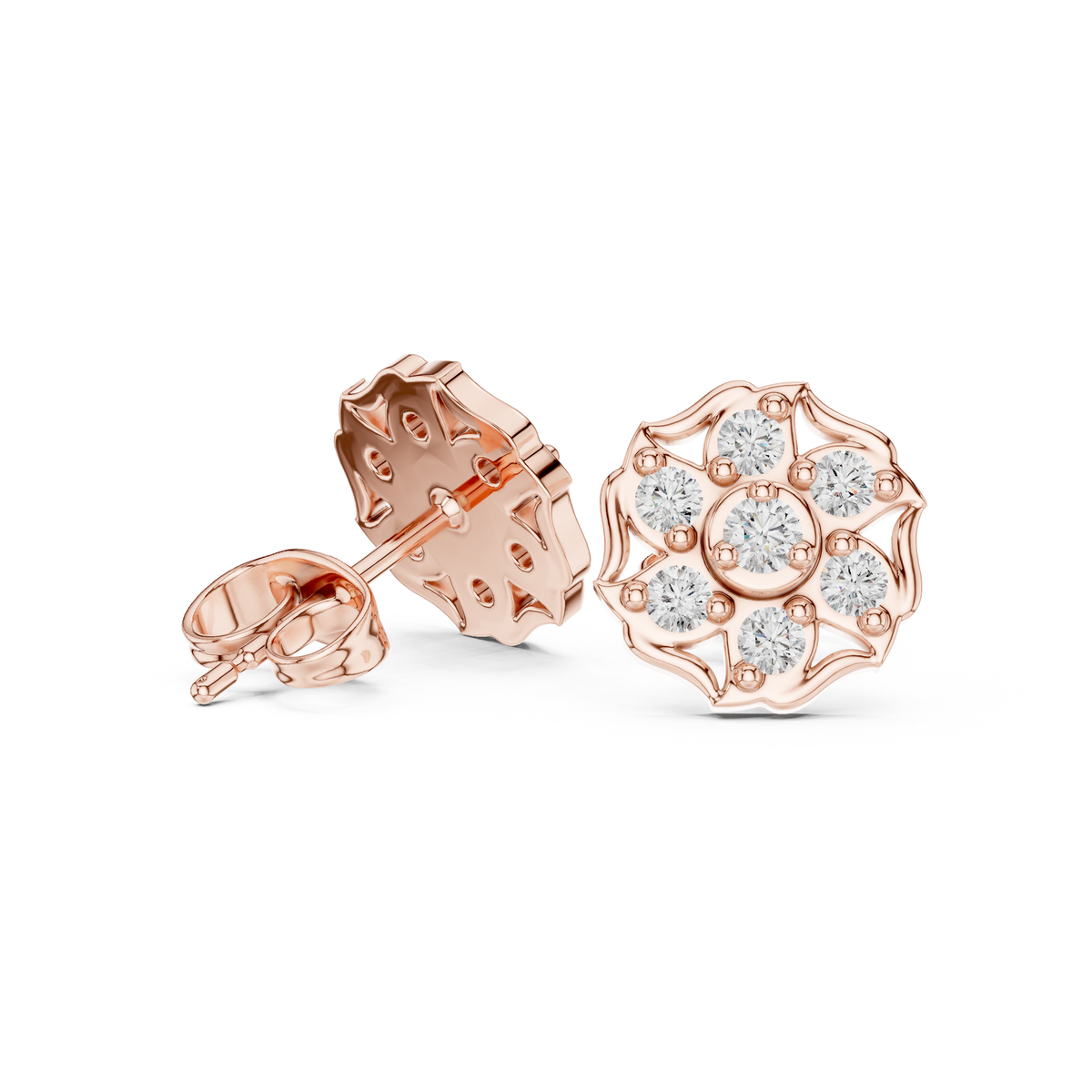 Rose Gold Floral Starburst Diamond Cluster Stud Earrings