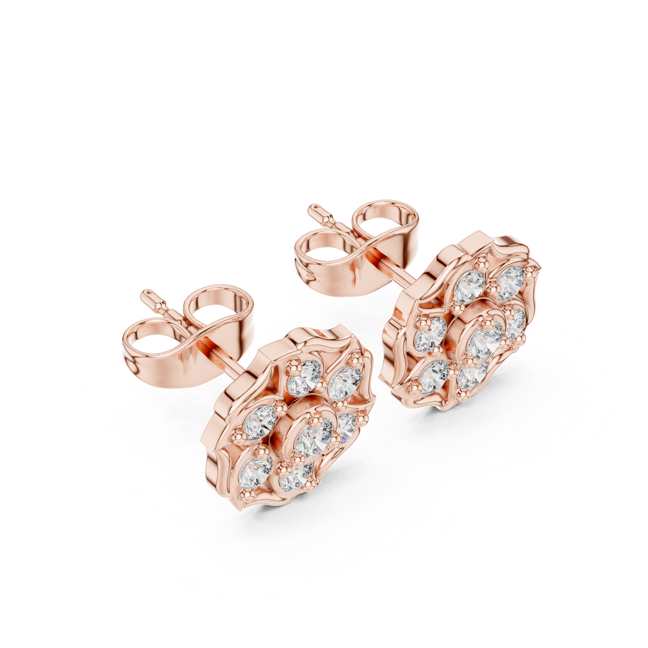 Rose Gold Floral Starburst Diamond Cluster Stud Earrings