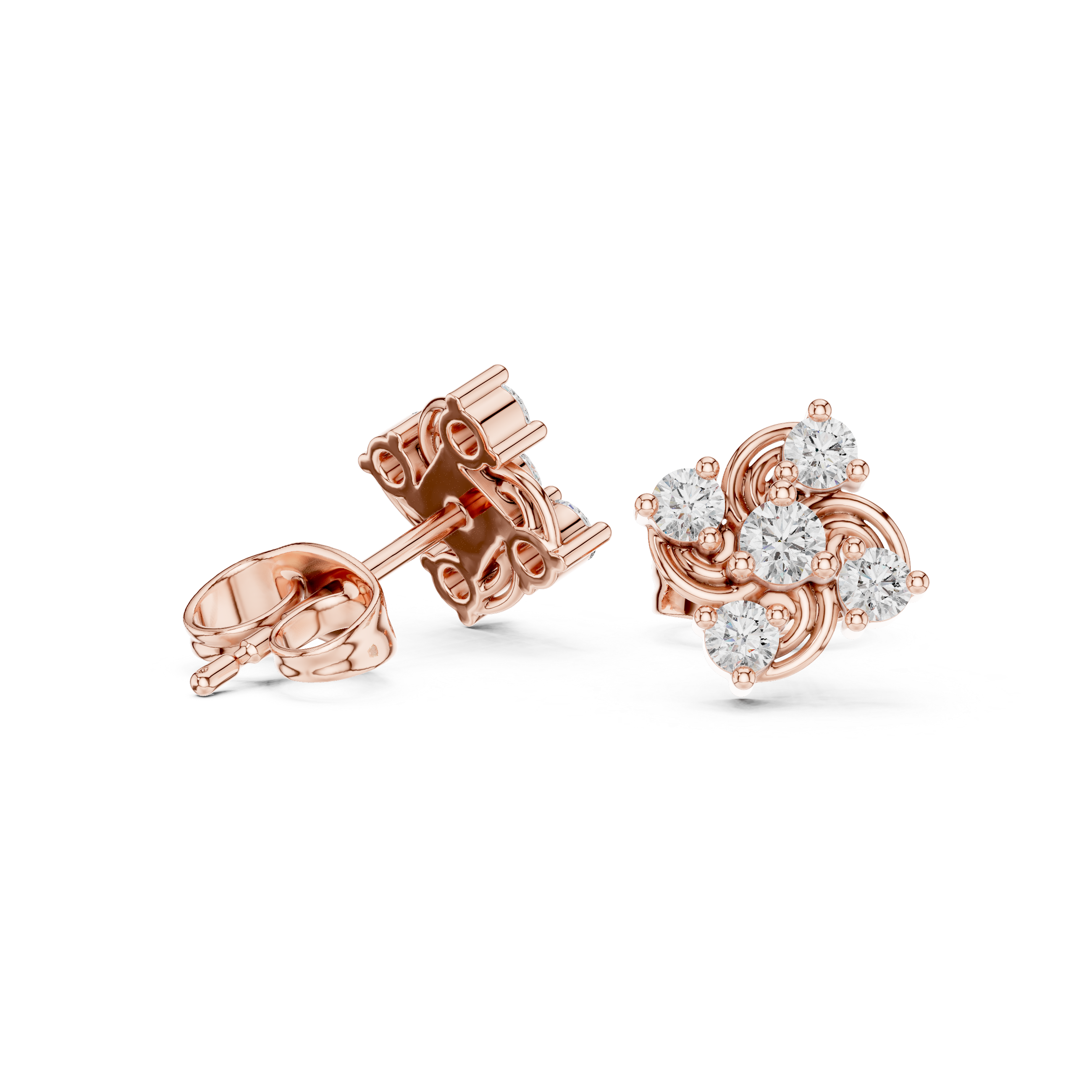 Rose Gold Pinwheel Swirl Diamond Cluster Stud Earrings