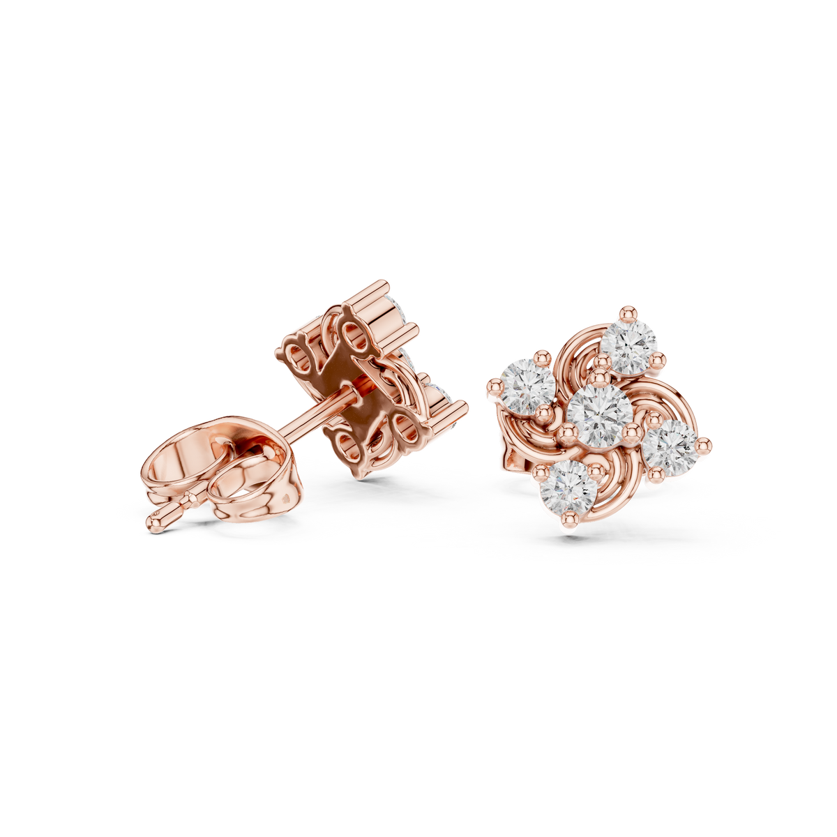 Rose Gold Pinwheel Swirl Diamond Cluster Stud Earrings