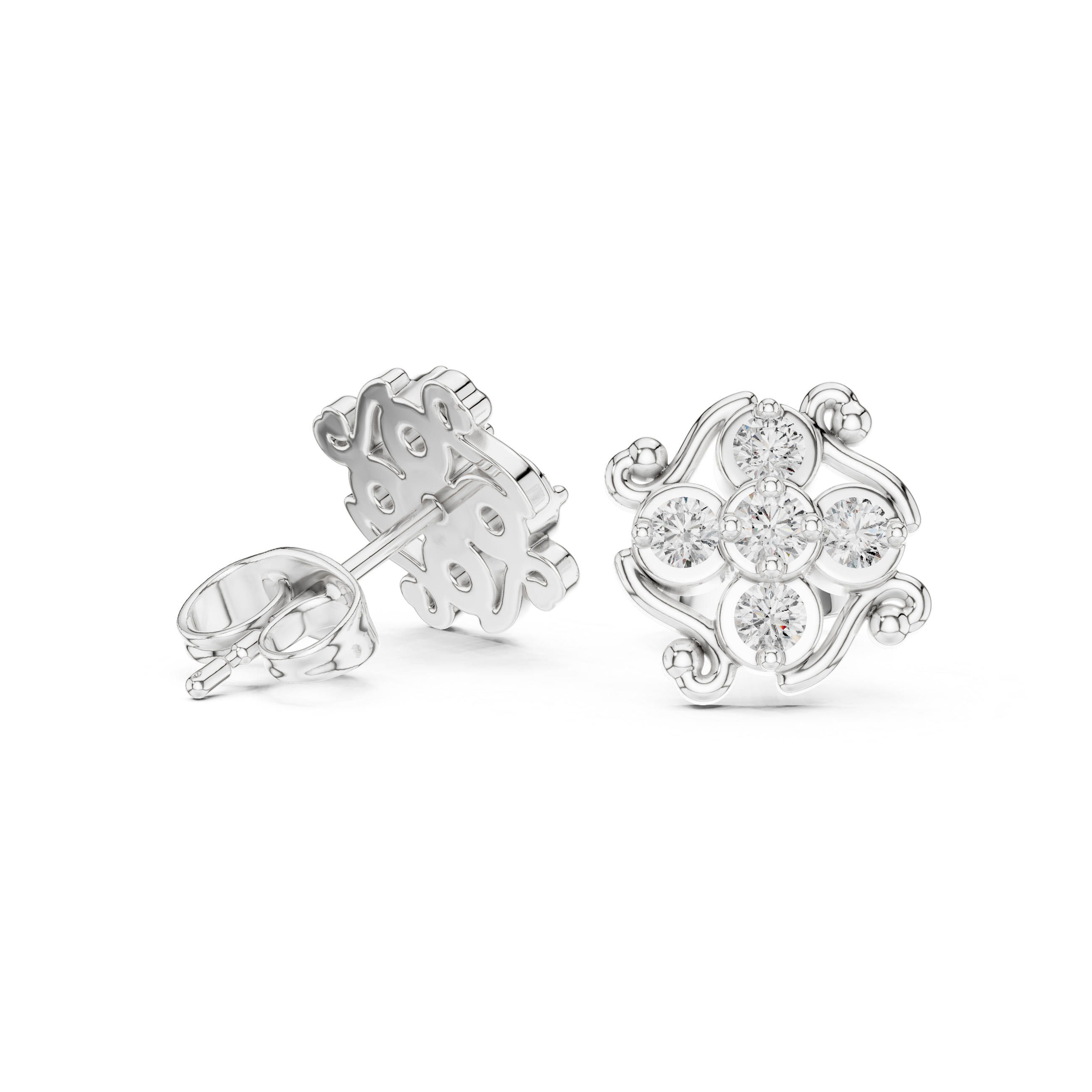Rose Gold Filigree Scroll Diamond Cluster Stud Earrings