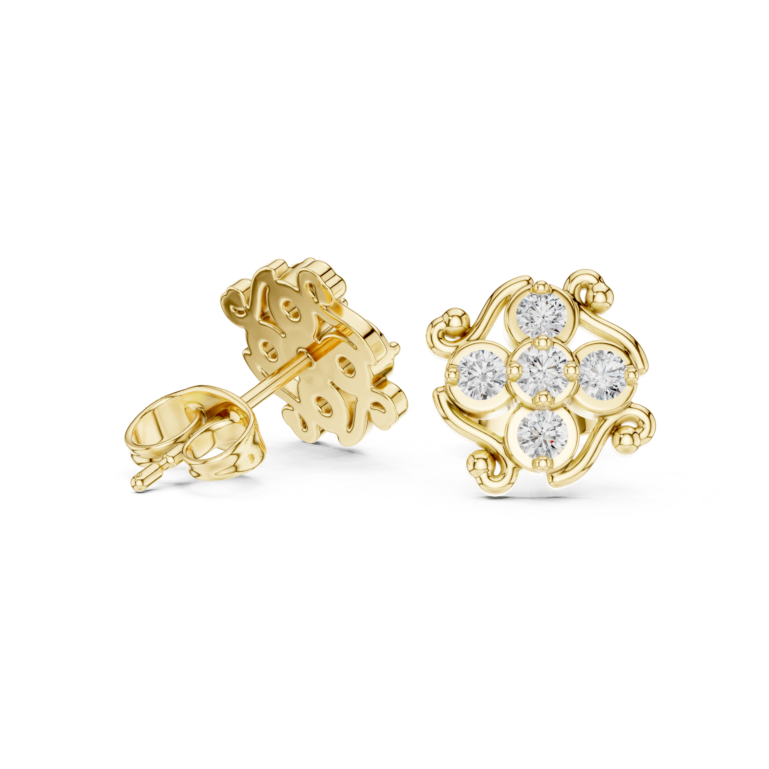 Rose Gold Filigree Scroll Diamond Cluster Stud Earrings