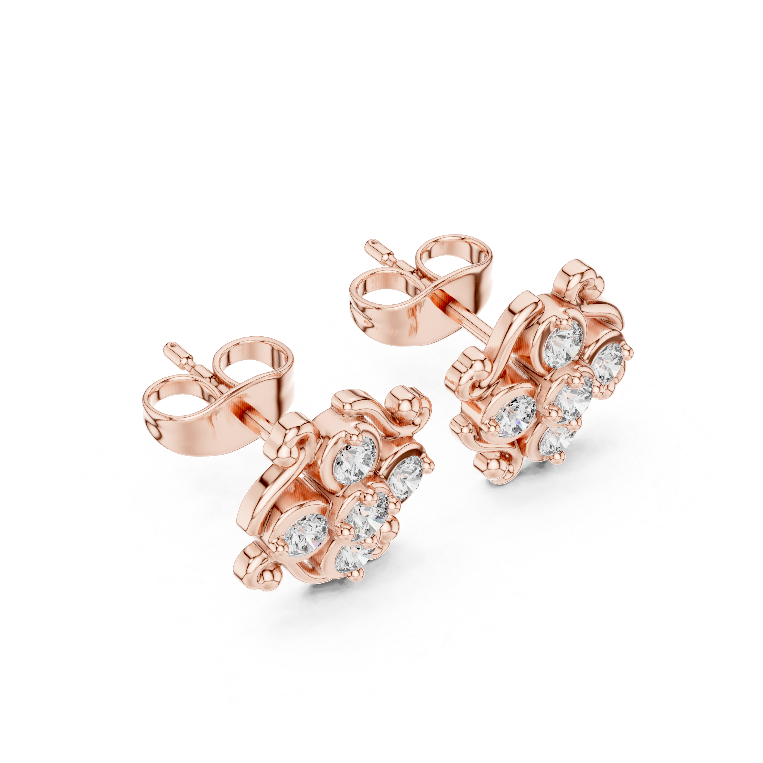 Rose Gold Filigree Scroll Diamond Cluster Stud Earrings