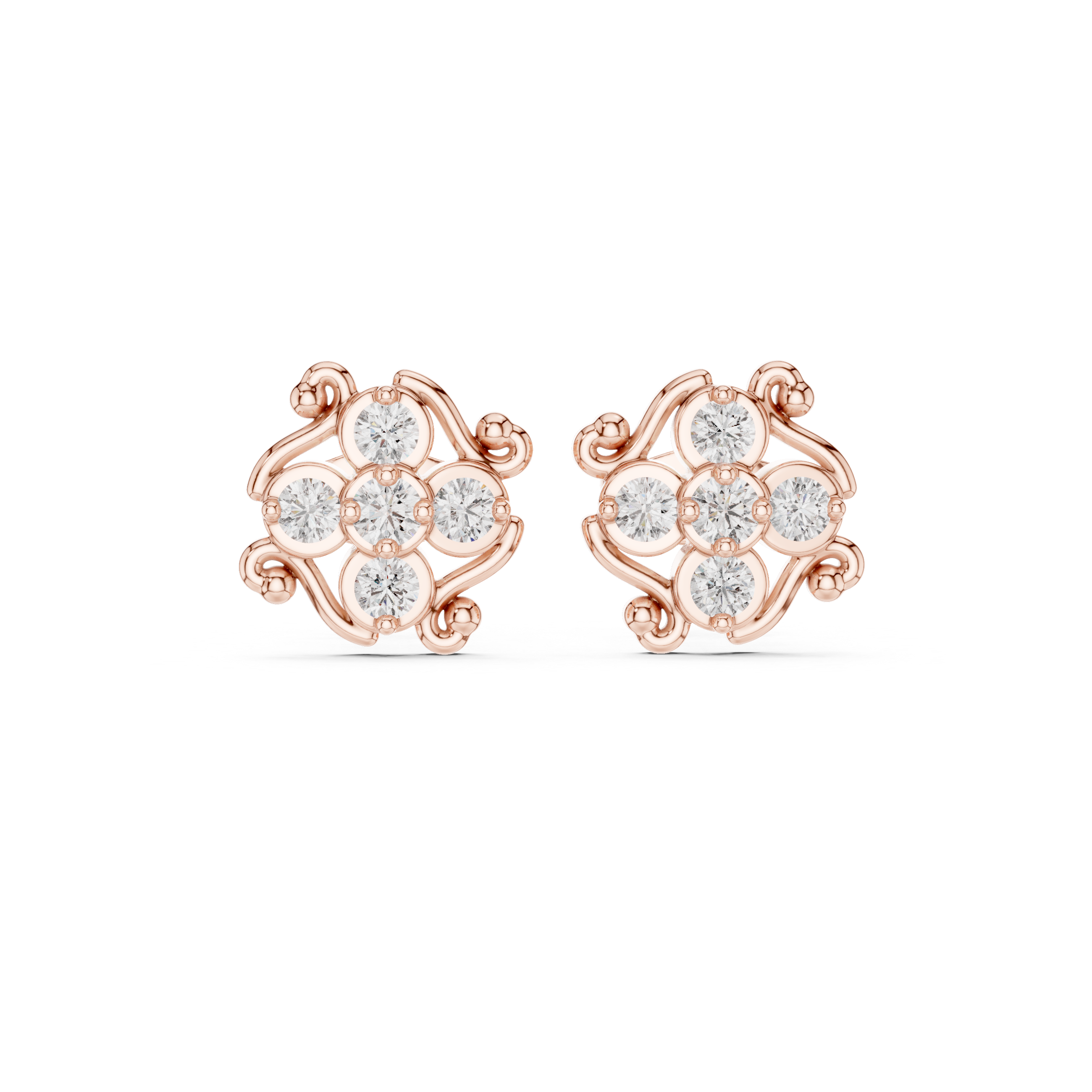 Rose Gold Filigree Scroll Diamond Cluster Stud Earrings