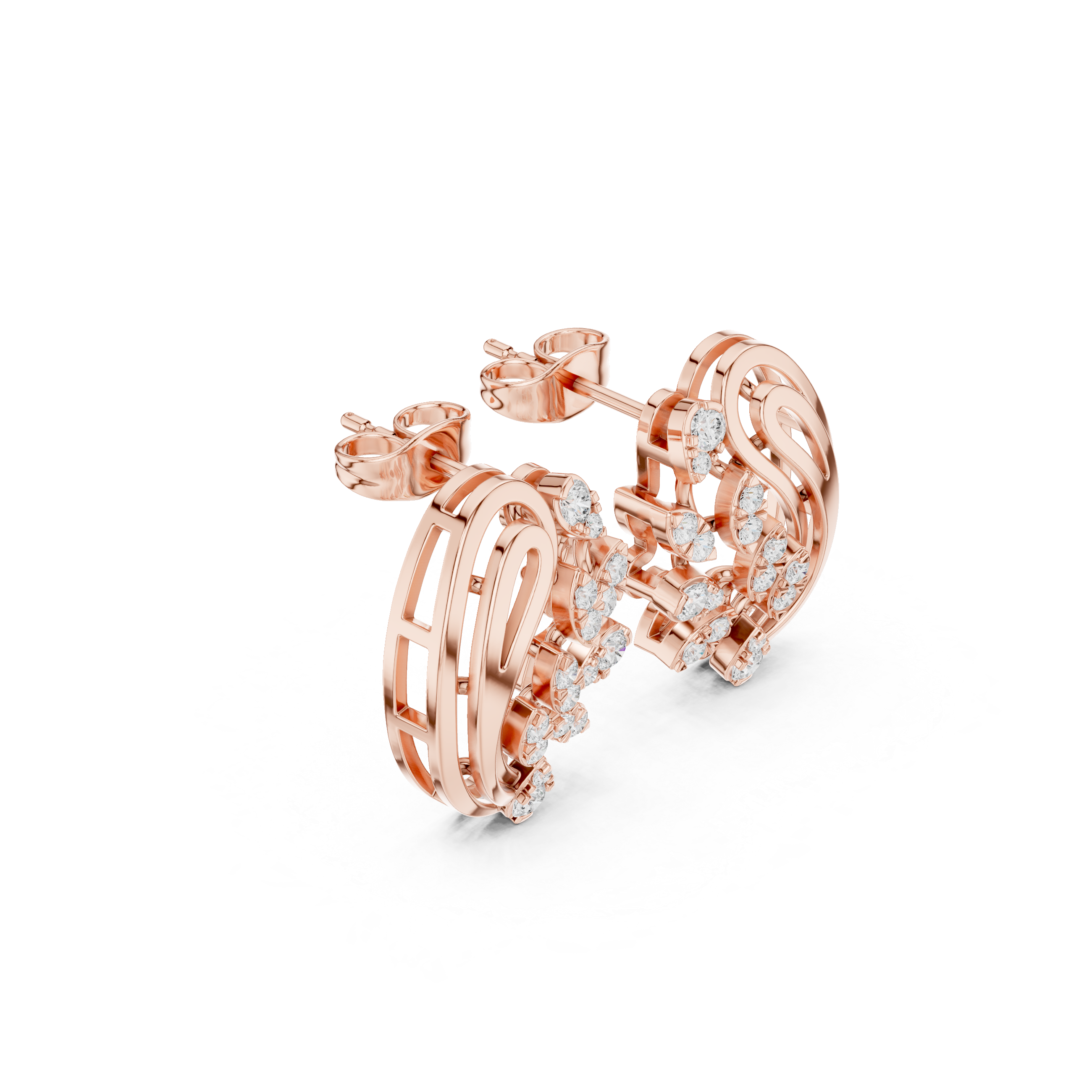 Rose Gold Paisley Filigree Diamond Half-Hoop Stud Earrings
