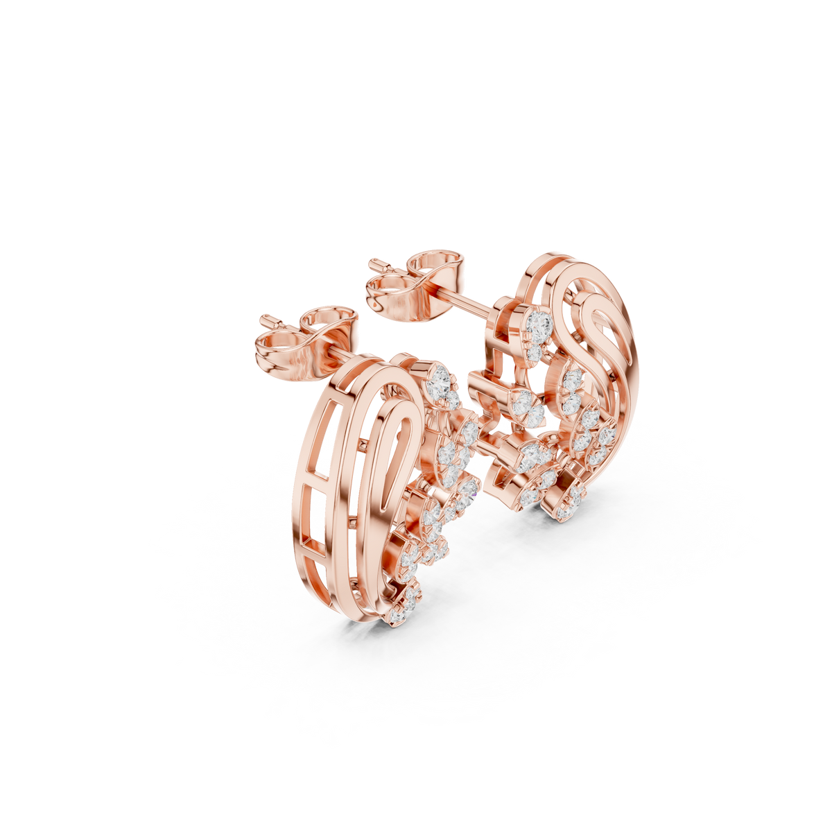 Rose Gold Paisley Filigree Diamond Half-Hoop Stud Earrings