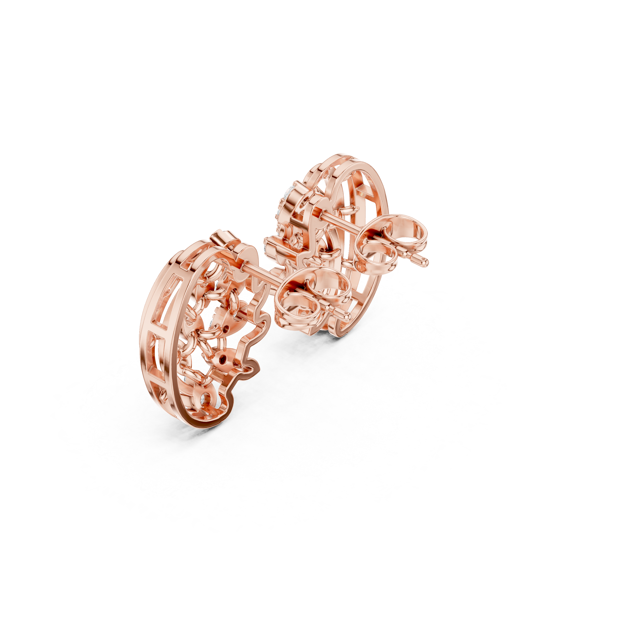 Rose Gold Paisley Filigree Diamond Half-Hoop Stud Earrings
