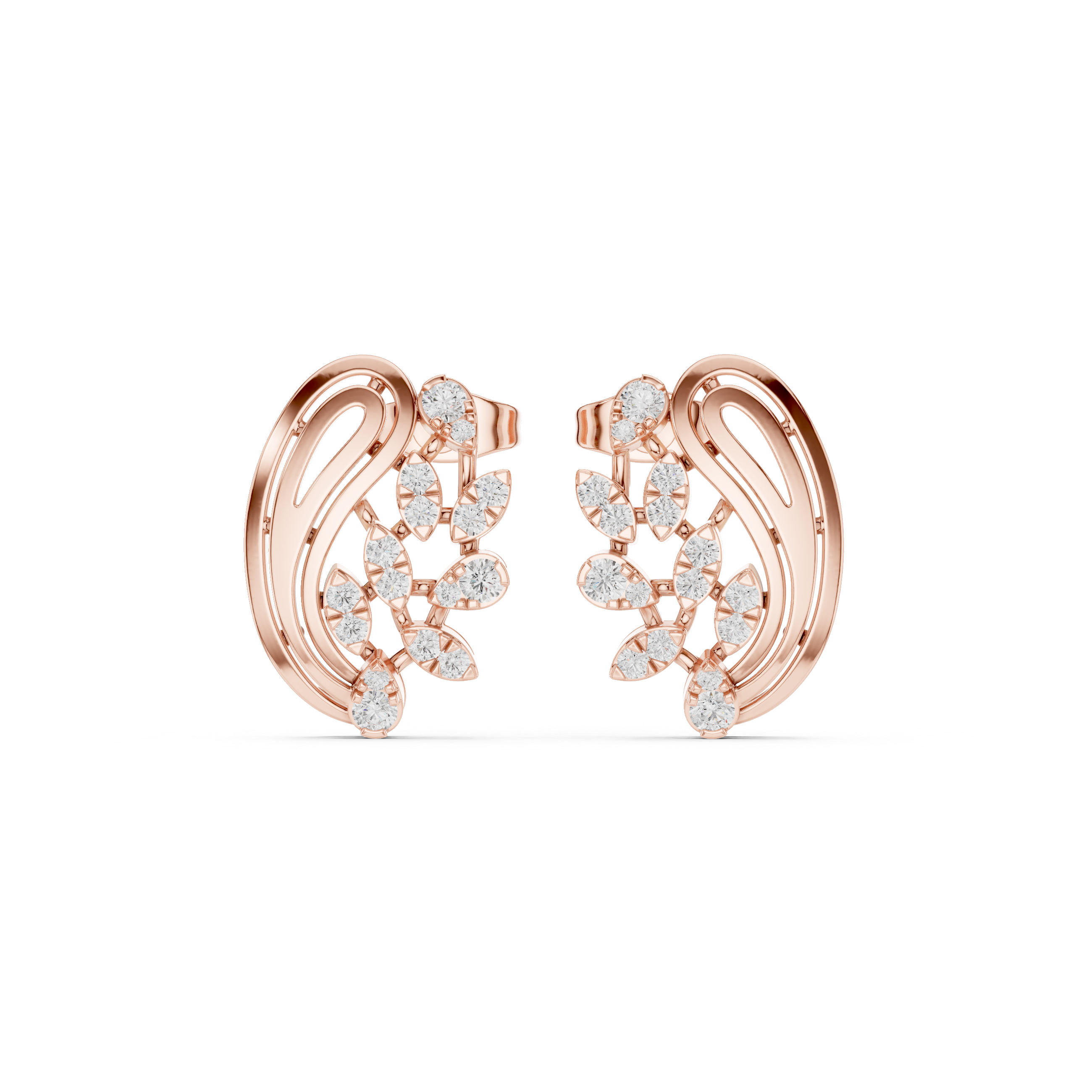 Rose Gold Paisley Filigree Diamond Half-Hoop Stud Earrings