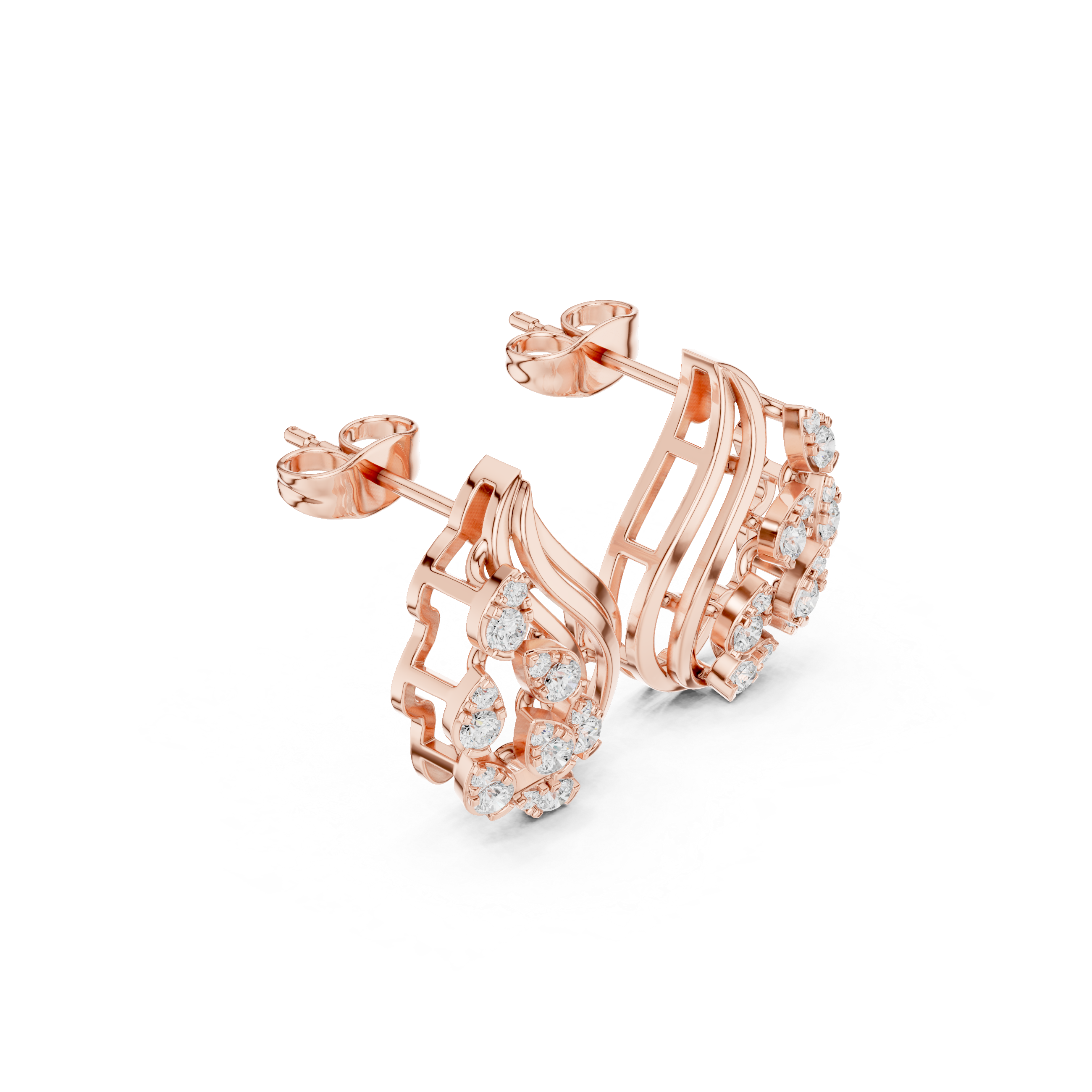 Rose Gold Teardrop Wave Lattice Diamond Stud Earrings