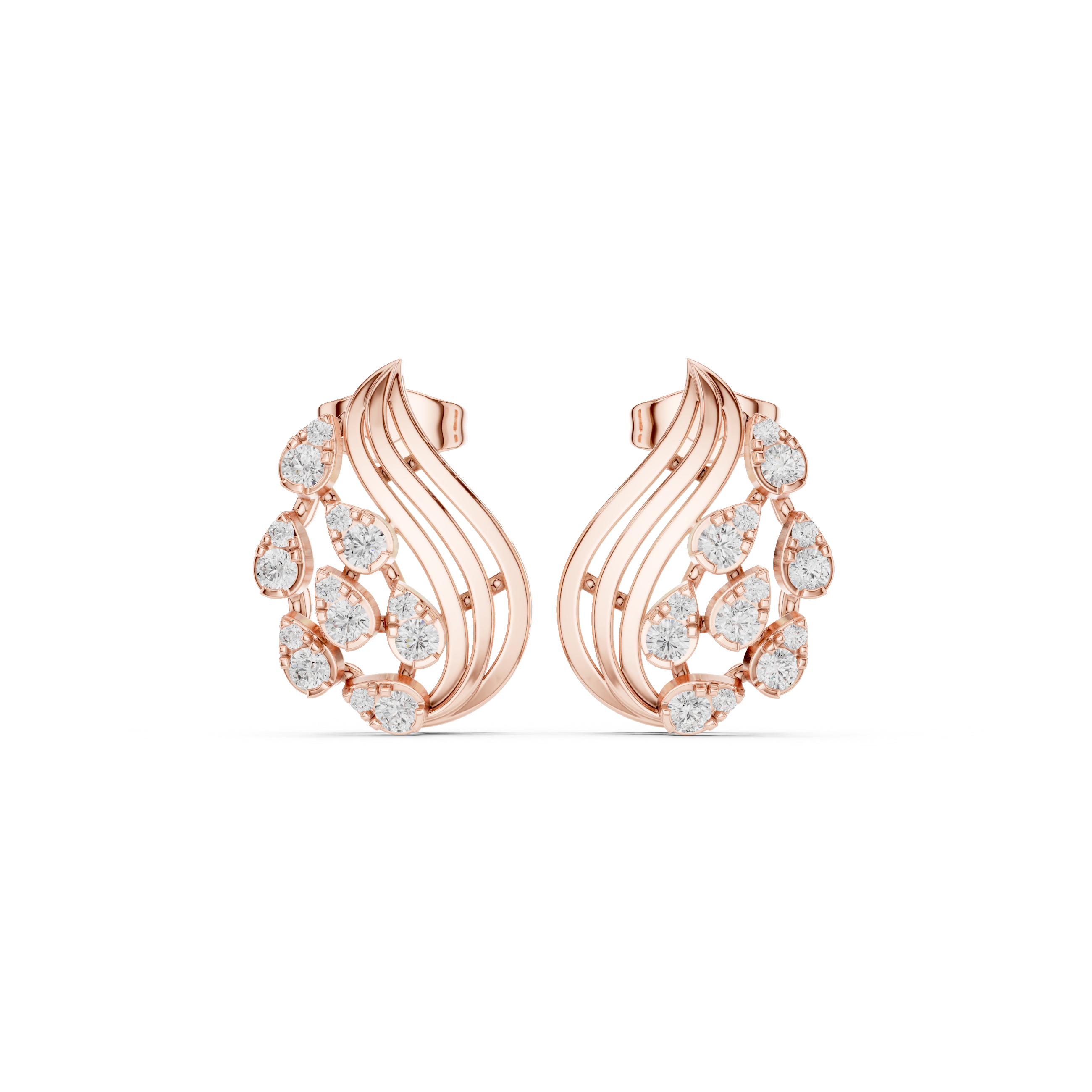 Rose Gold Teardrop Wave Lattice Diamond Stud Earrings