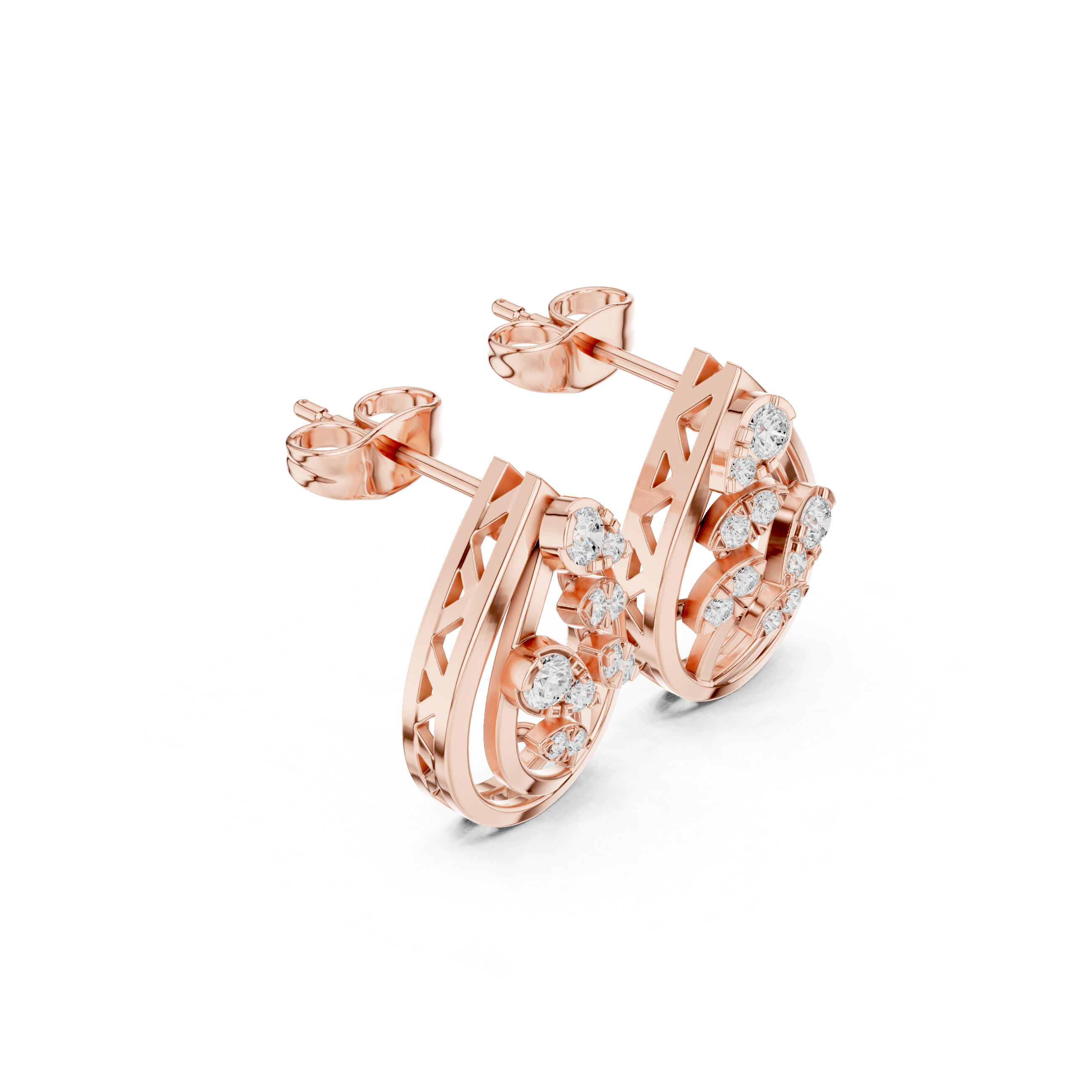 Rose Gold Geometric Lattice Half-Hoop Diamond Stud Earrings
