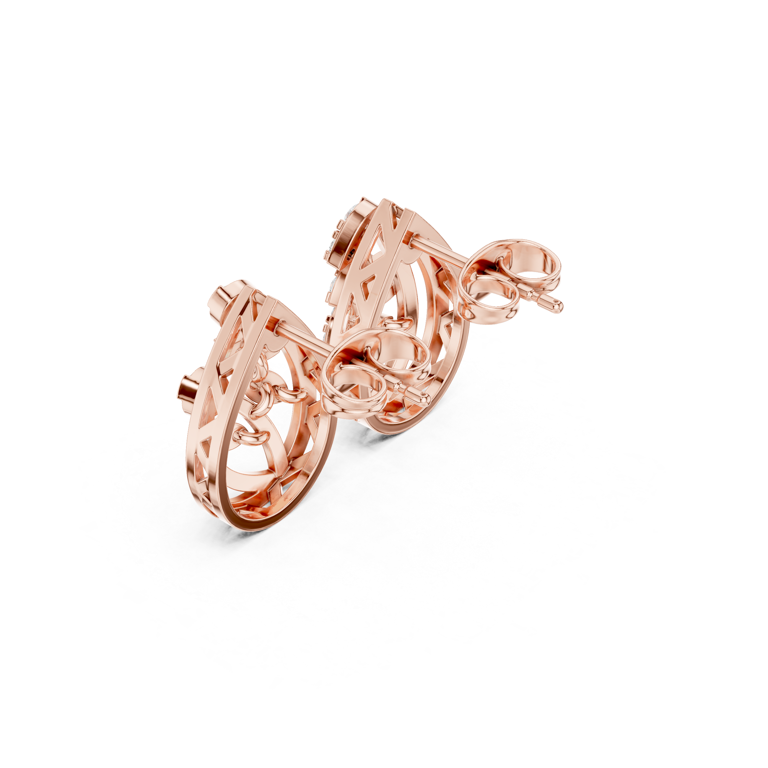 Rose Gold Geometric Lattice Half-Hoop Diamond Stud Earrings