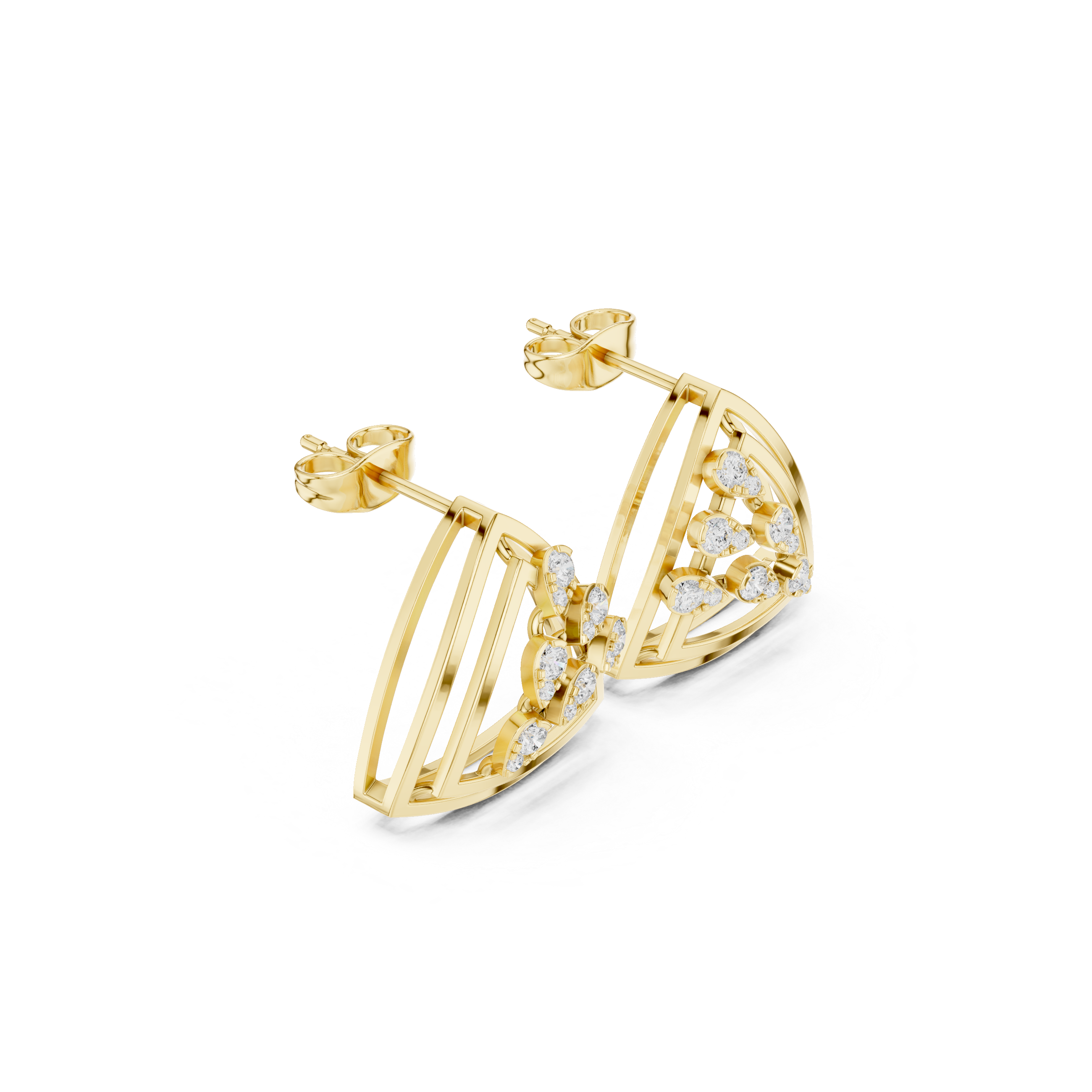 Yellow Gold Diamond Curved Fan Stud Earrings – Modern Openwork Geometric Earrings