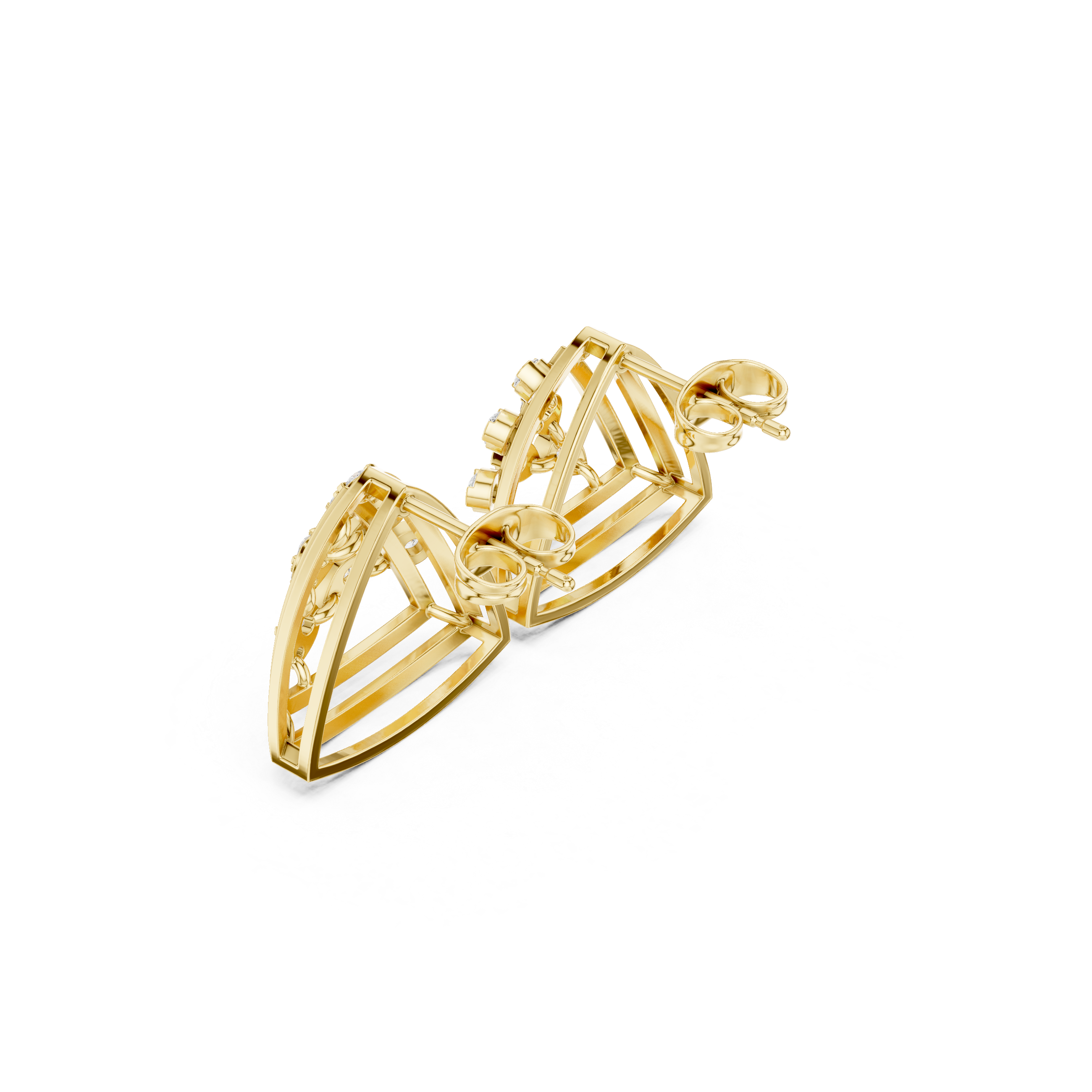 Yellow Gold Diamond Curved Fan Stud Earrings – Modern Openwork Geometric Earrings