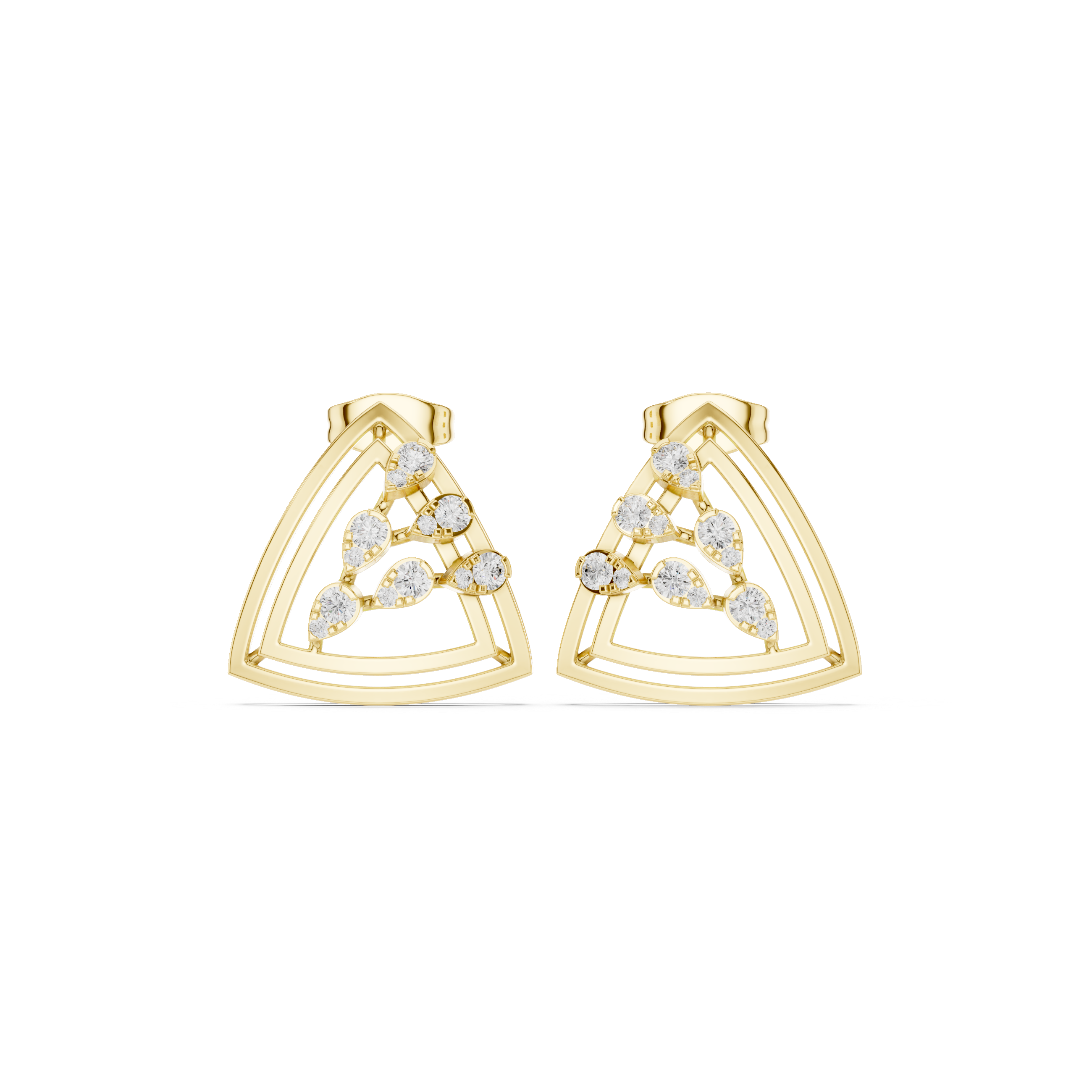 Yellow Gold Diamond Curved Fan Stud Earrings – Modern Openwork Geometric Earrings