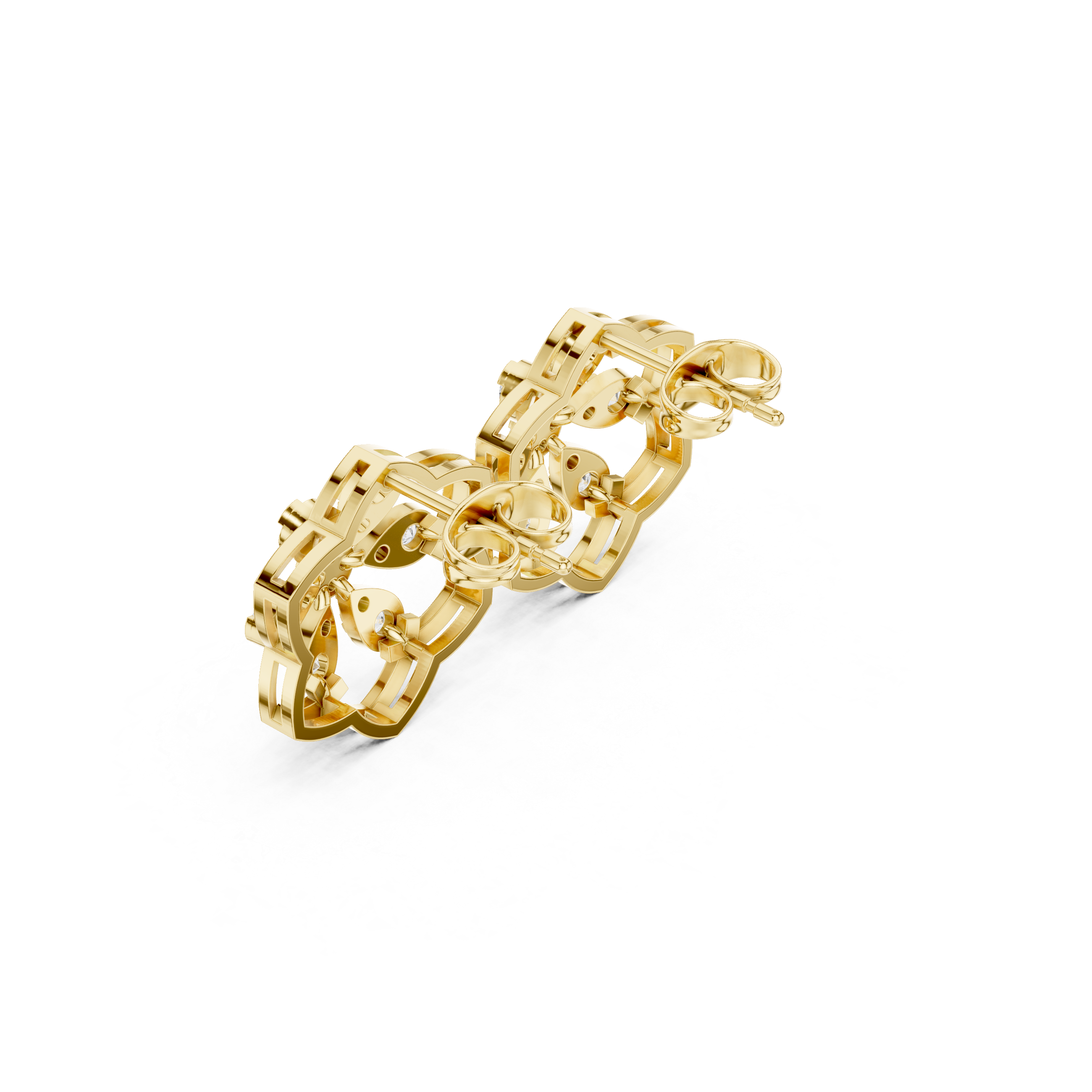 Yellow Gold Diamond Geometric Openwork Stud Earrings – Intricate Lattice Cluster Earrings