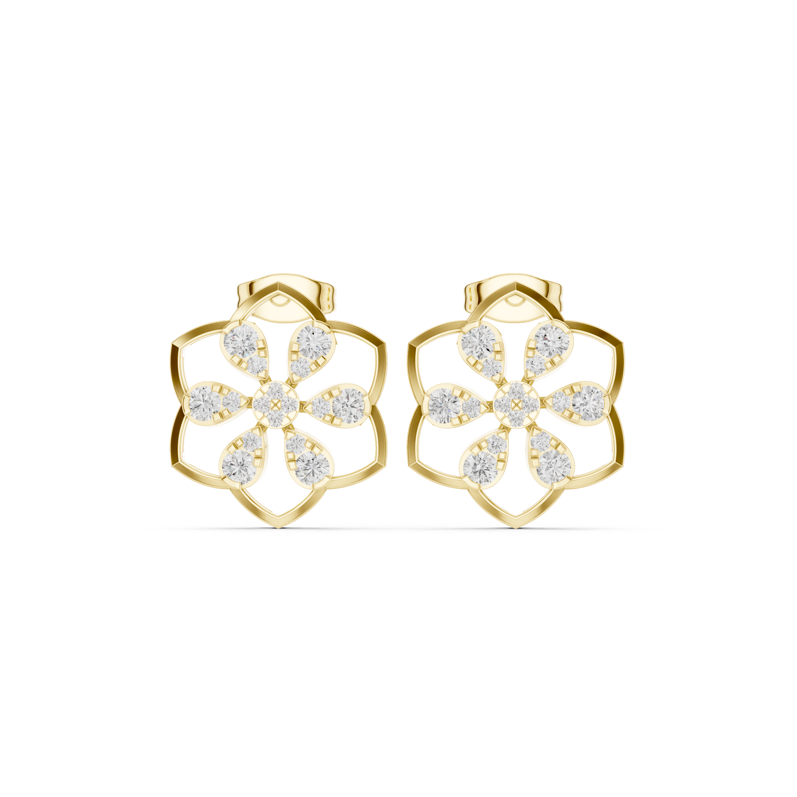 Yellow Gold Diamond Geometric Openwork Stud Earrings – Intricate Lattice Cluster Earrings