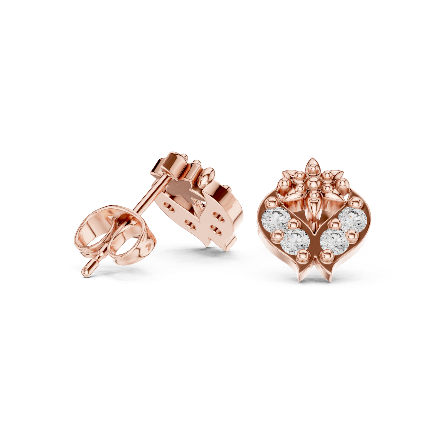 Yellow Gold Diamond Lotus Crest Stud Earrings – Vintage Inspired Floral Crest Earrings